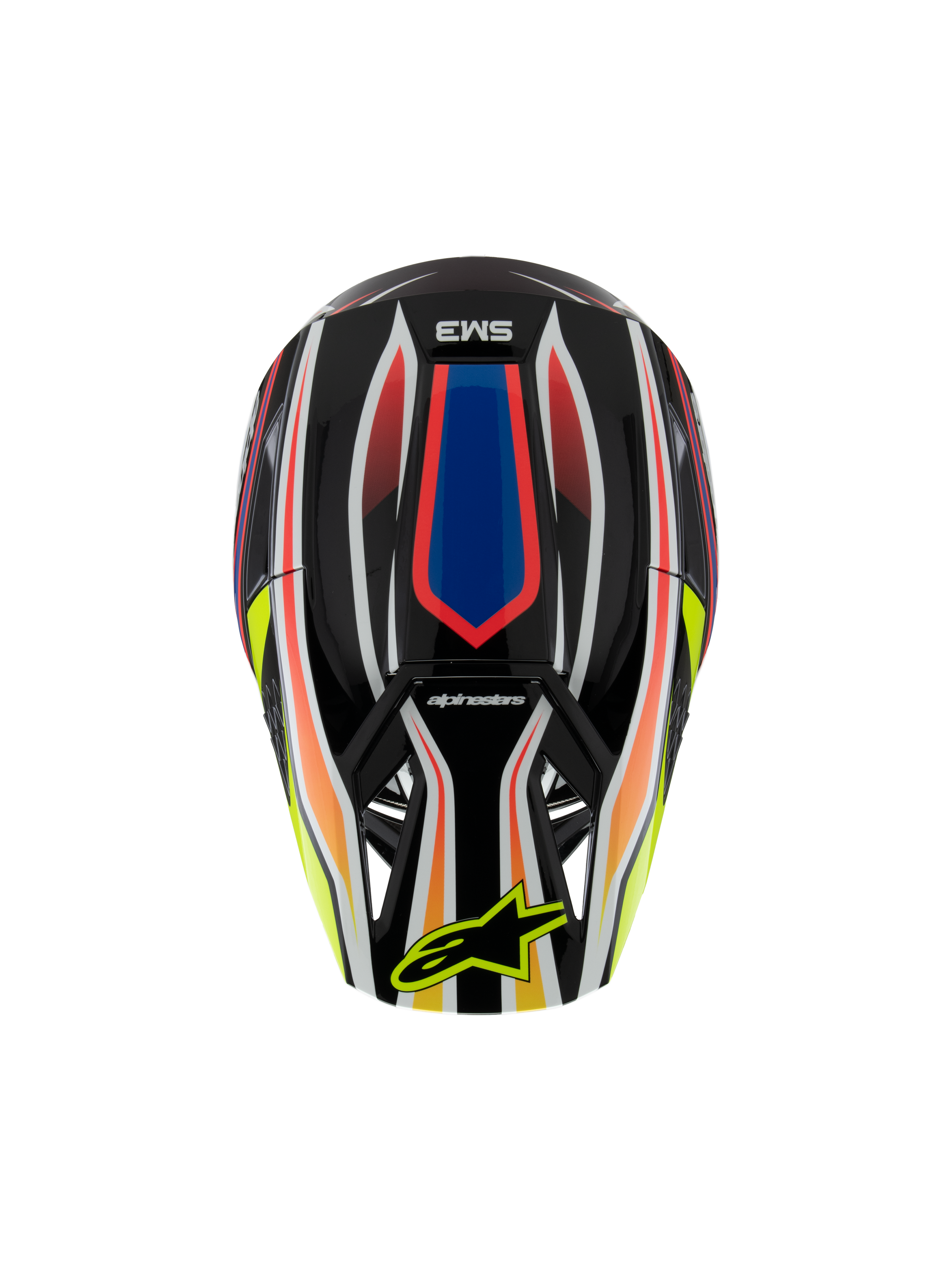 Alpinestars S-M3 Youth Wurx hjelm ECE 22.06, motocrosshjelm, sort med livlig rød, blå og gul grafik, set oppefra med SM3-logo og gult Alpinestars-logo på visiret, off-road beskyttelsesudstyr