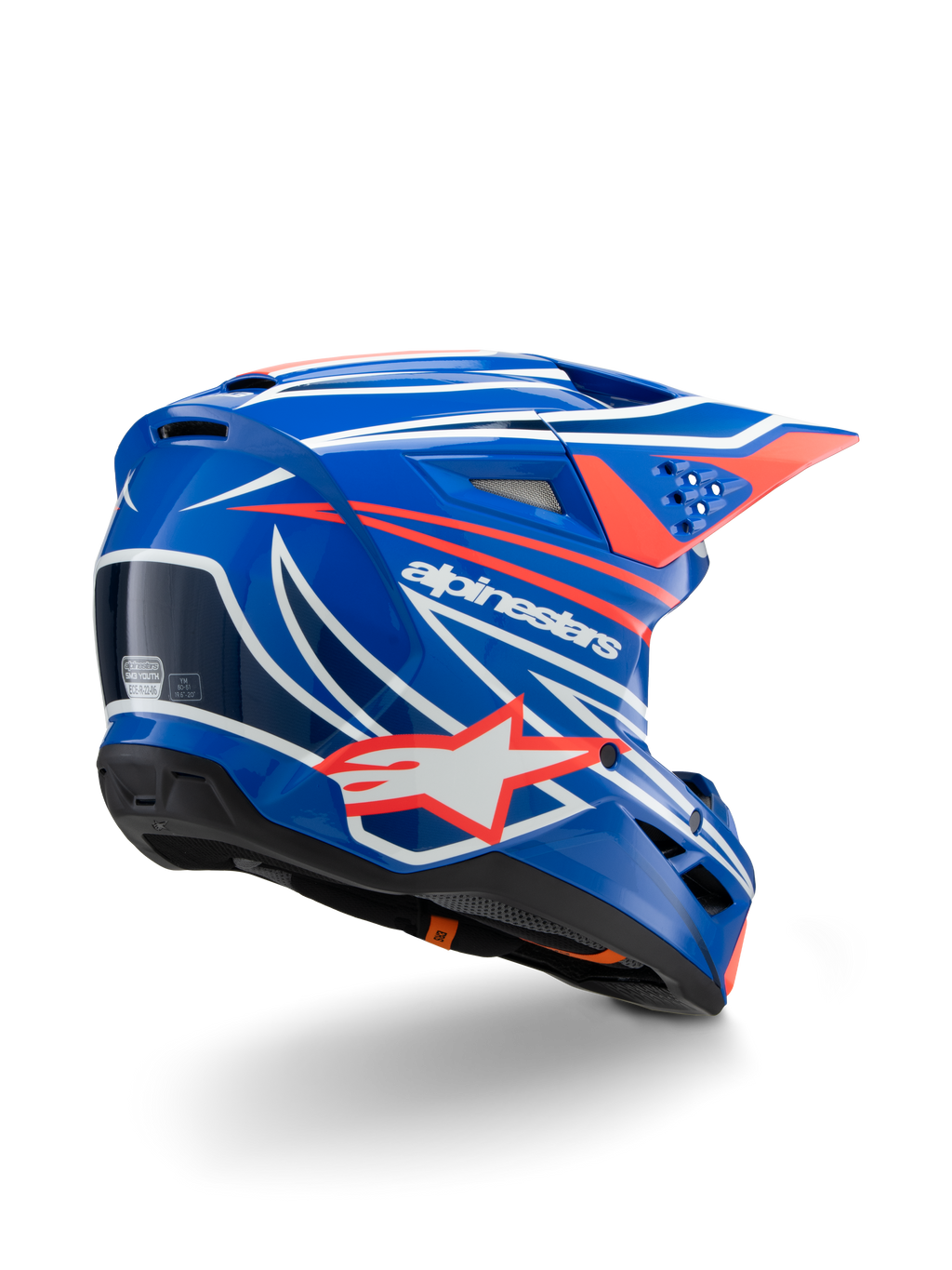 Alpinestars S-M3 Youth Wurx hjelm, motocrosshjelm, blank blå med rød, hvid og sort grafik, set bagfra i trekvart profil, der viser aerodynamisk skal, ventilationsåbninger og tydelig Alpinestars-branding, beskyttende hovedbeklædning til off-road kørsel