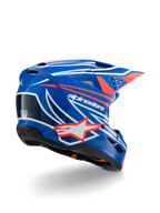 Alpinestars S-M3 Youth Wurx hjelm, motocrosshjelm, blank blå med rød, hvid og sort grafik, set bagfra i trekvart profil, der viser aerodynamisk skal, ventilationsåbninger og tydelig Alpinestars-branding, beskyttende hovedbeklædning til off-road kørsel