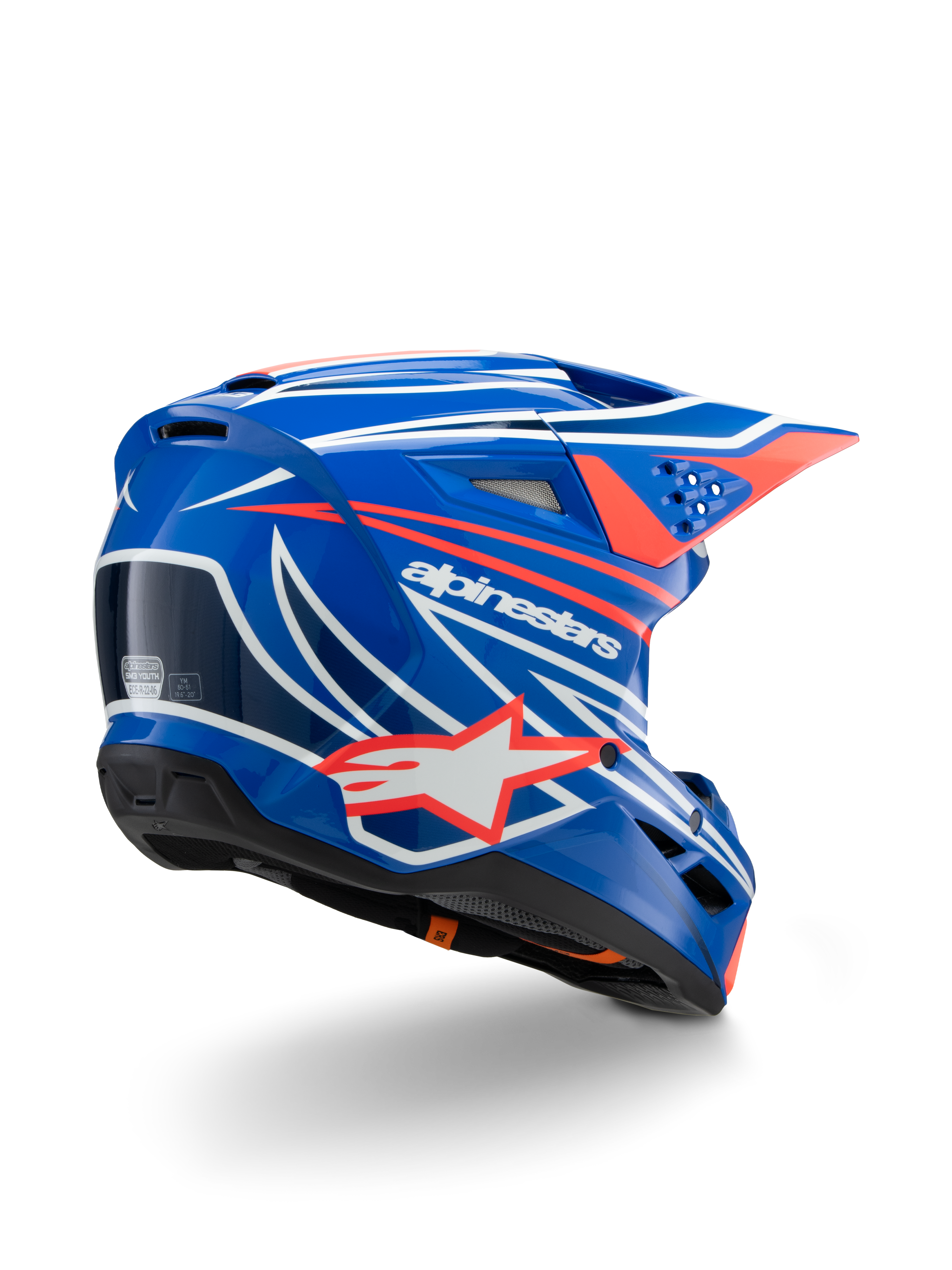 Alpinestars S-M3 Youth Wurx hjelm, motocrosshjelm, blank blå med rød, hvid og sort grafik, set bagfra i trekvart profil, der viser aerodynamisk skal, ventilationsåbninger og tydelig Alpinestars-branding, beskyttende hovedbeklædning til off-road kørsel