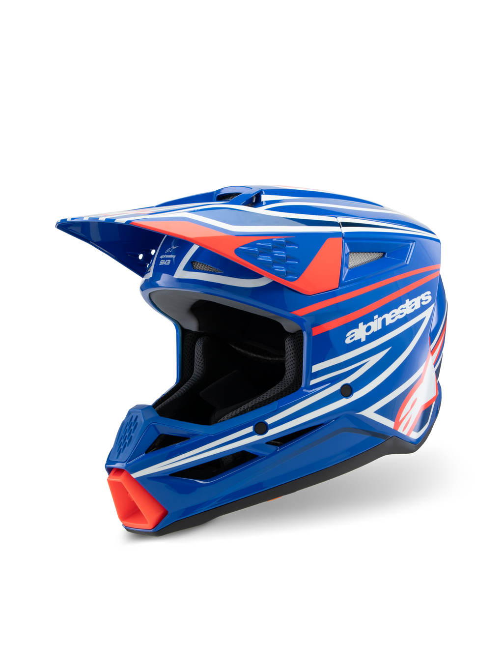 Alpinestars S-M3 Youth Wurx hjelm, motocross-hjelm, blank blå med rød og hvid grafik, skarpt aerodynamisk design med et fremtrædende visir og flere ventilationsporte, designet til off-road og MX-racing til unge