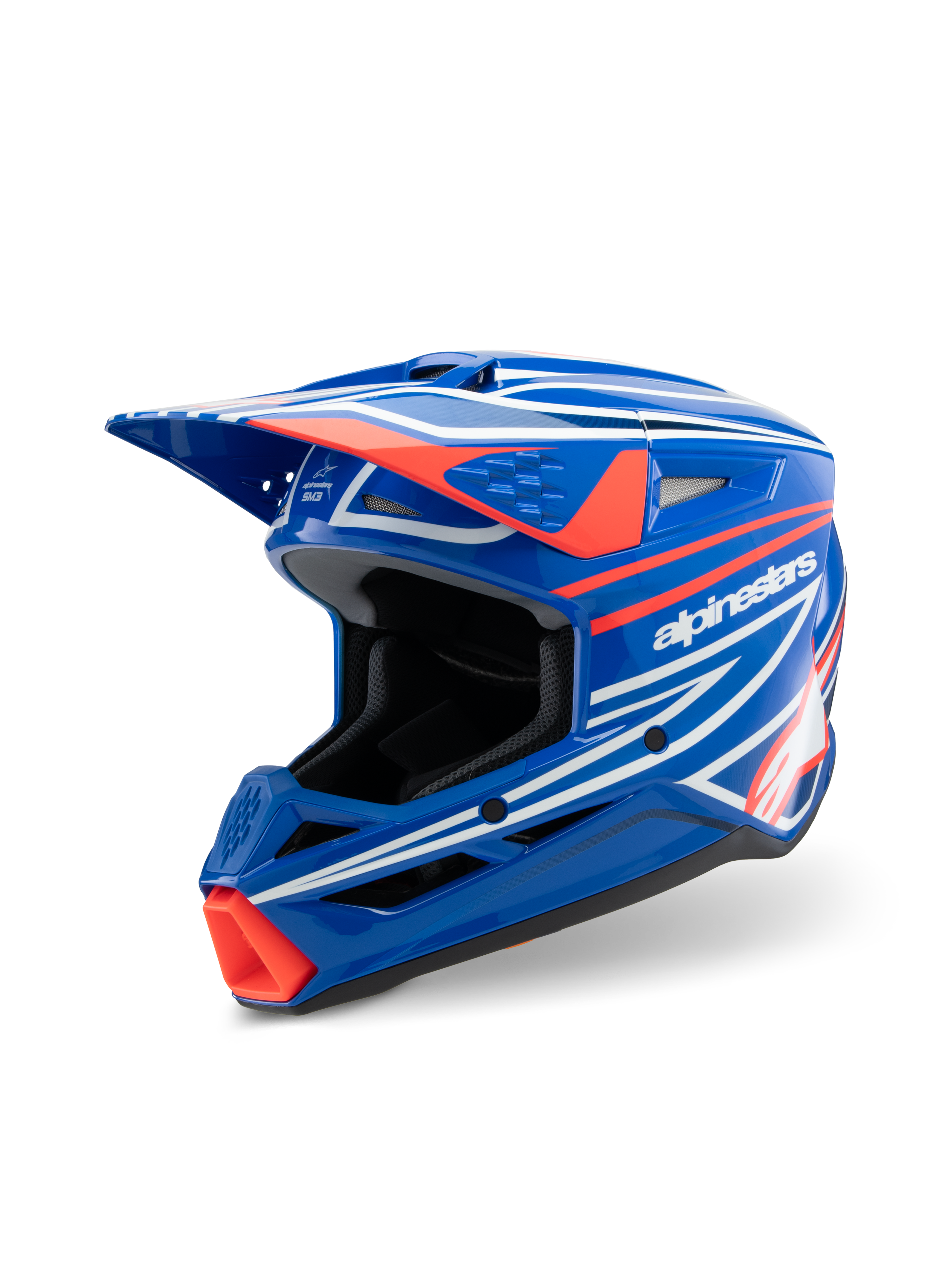 Alpinestars S-M3 Youth Wurx hjelm, motocross-hjelm, blank blå med rød og hvid grafik, skarpt aerodynamisk design med et fremtrædende visir og flere ventilationsporte, designet til off-road og MX-racing til unge