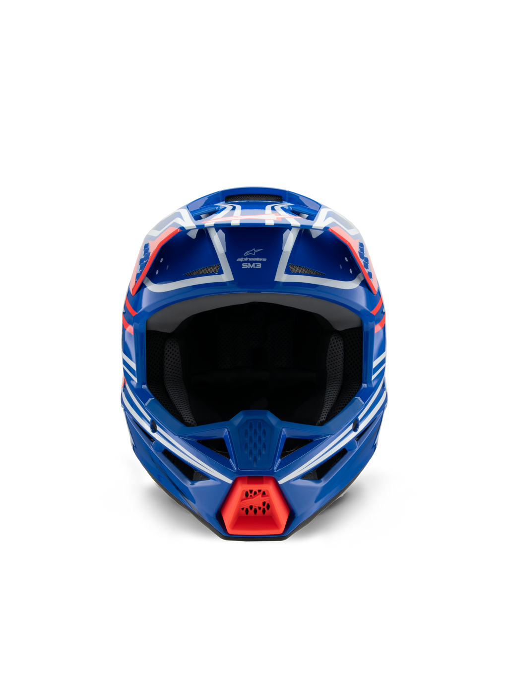 Alpinestars S-M3 Youth Wurx hjelm ECE 22.06, motocrosshjelm, blå, rød, hvid og sort blank, set forfra, med aerodynamisk skal, ventilationsåbninger og et klart rødt luftindtag ved hagebeskytteren, designet til off-road racing for unge