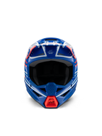 Alpinestars S-M3 Youth Wurx hjelm ECE 22.06, motocrosshjelm, blå, rød, hvid og sort blank, set forfra, med aerodynamisk skal, ventilationsåbninger og et klart rødt luftindtag ved hagebeskytteren, designet til off-road racing for unge
