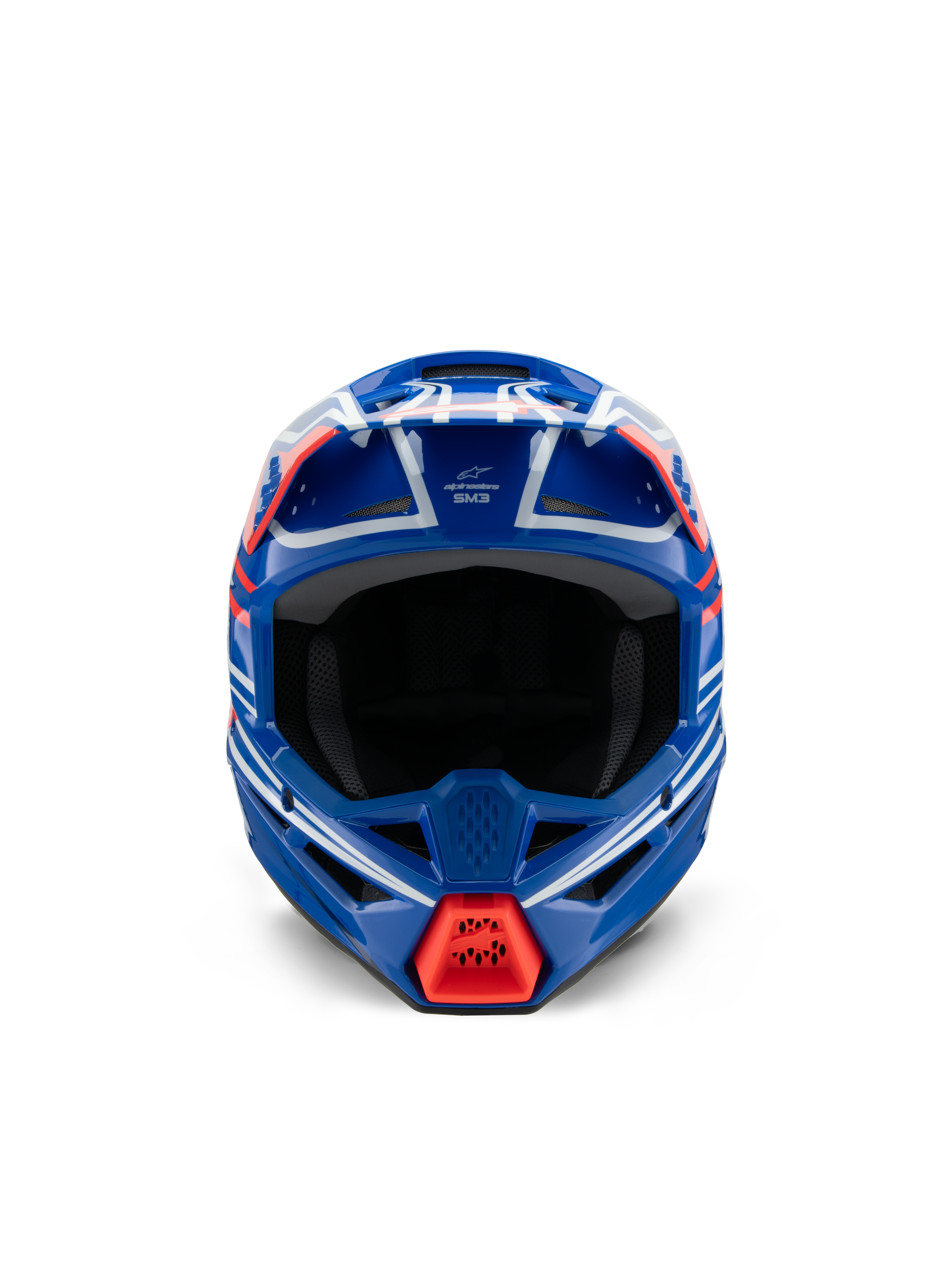 Alpinestars S-M3 Youth Wurx hjelm ECE 22.06, motocrosshjelm, blå, rød, hvid og sort blank, set forfra, med aerodynamisk skal, ventilationsåbninger og et klart rødt luftindtag ved hagebeskytteren, designet til off-road racing for unge