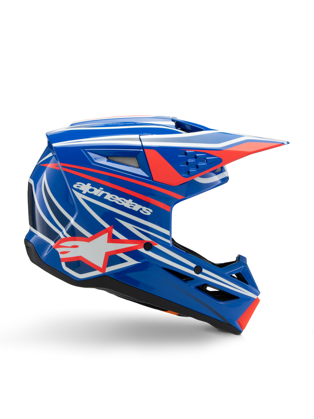 Alpinestars S-M3 Youth Wurx hjelm, motocross-hjelm til unge, blå med rød og hvid grafik, sideprofil med aerodynamisk visir, ventilationsåbninger og stjernelogo, blank finish, ECE 22.06-certificeret
