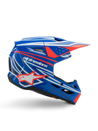Alpinestars S-M3 Youth Wurx hjelm, motocross-hjelm til unge, blå med rød og hvid grafik, sideprofil med aerodynamisk visir, ventilationsåbninger og stjernelogo, blank finish, ECE 22.06-certificeret