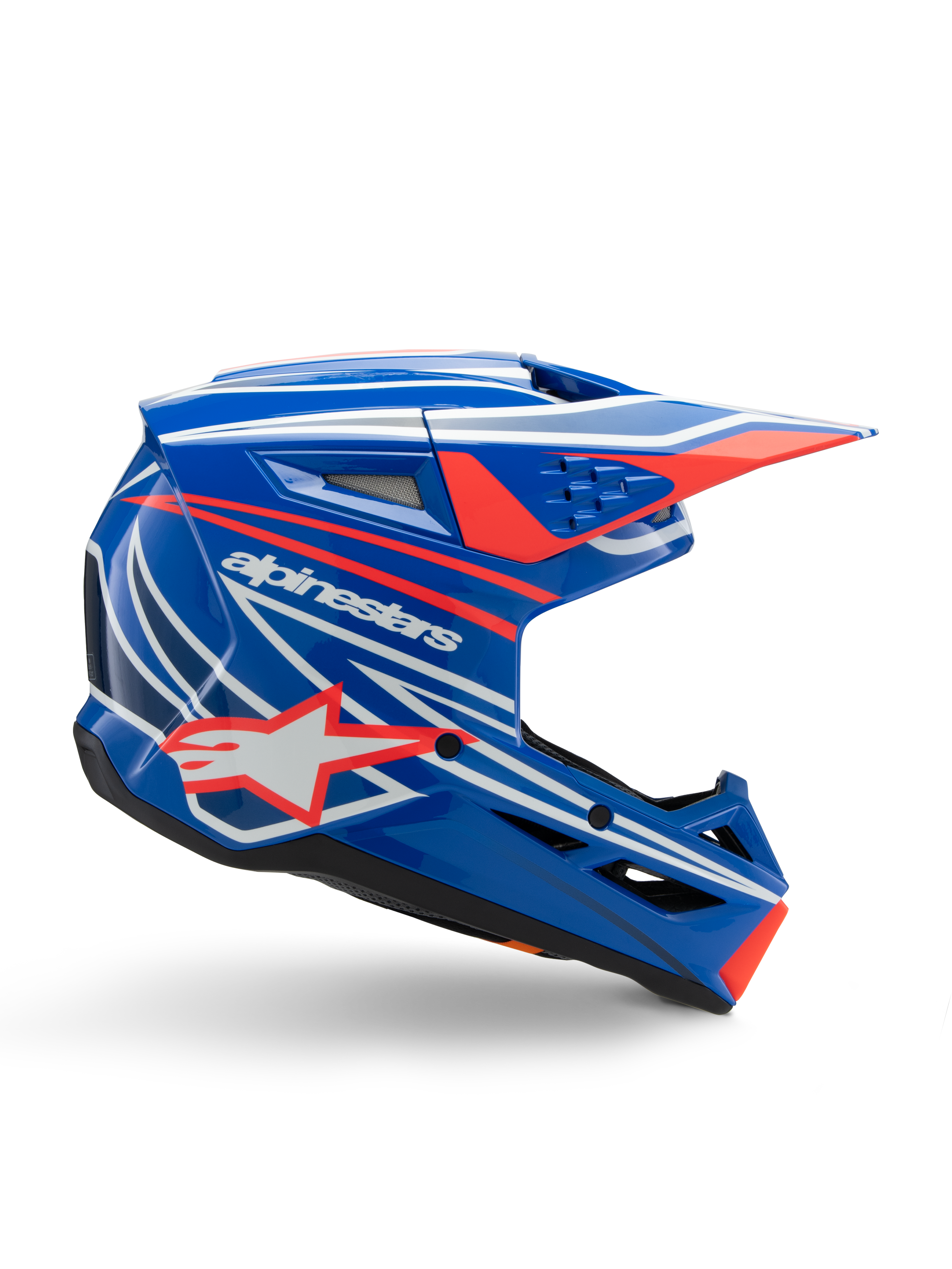 Alpinestars S-M3 Youth Wurx hjelm, motocross-hjelm til unge, blå med rød og hvid grafik, sideprofil med aerodynamisk visir, ventilationsåbninger og stjernelogo, blank finish, ECE 22.06-certificeret