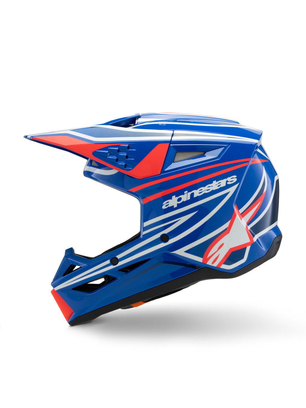 Alpinestars S-M3 Youth Wurx hjelm, motocrosshjelm, blå, rød, hvid og sort blank, med iøjnefaldende grafik med Alpinestars-logo og stjerne, sideprofil med aerodynamiske ventiler og integreret visir, off-road racerudstyr