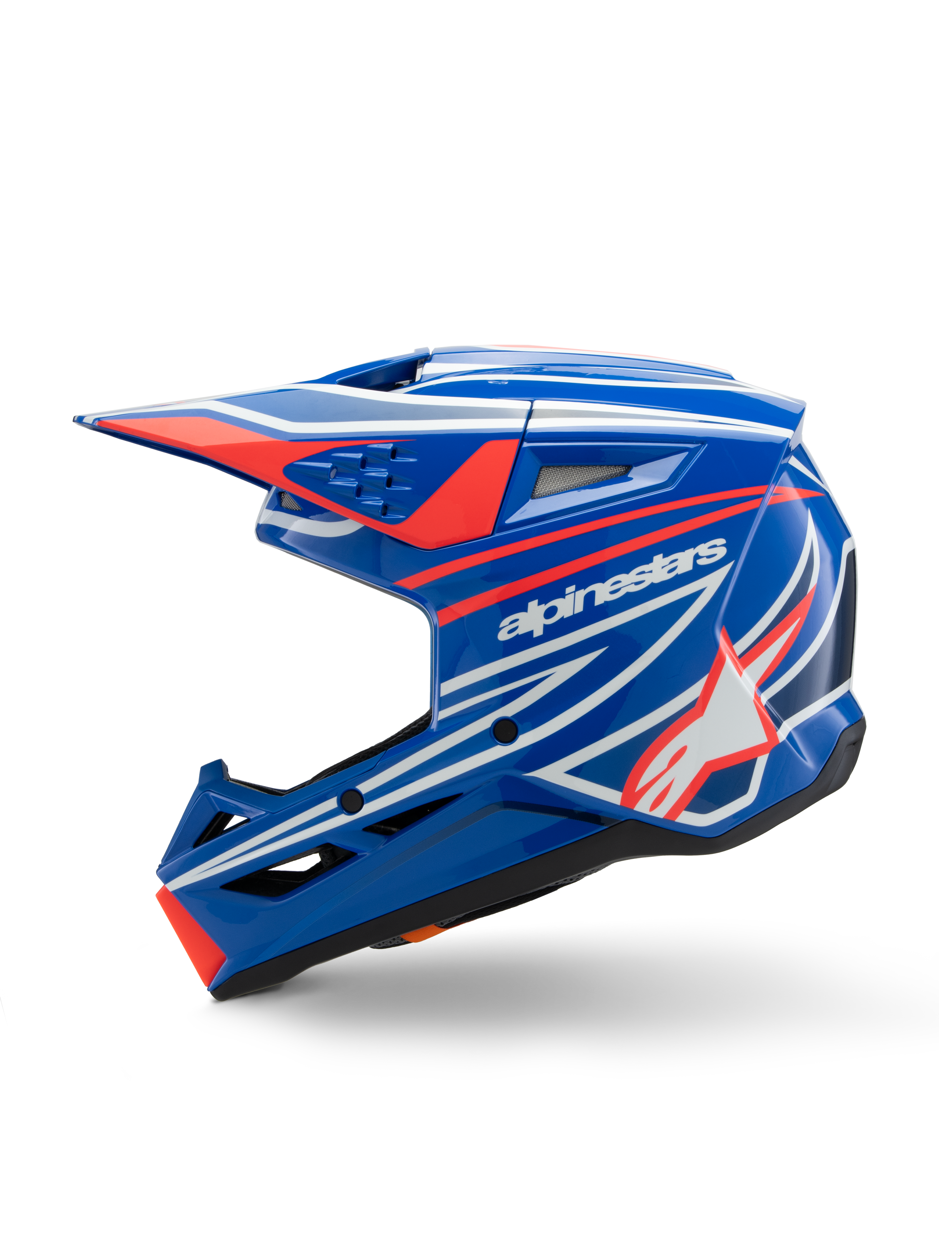 Alpinestars S-M3 Youth Wurx hjelm, motocrosshjelm, blå, rød, hvid og sort blank, med iøjnefaldende grafik med Alpinestars-logo og stjerne, sideprofil med aerodynamiske ventiler og integreret visir, off-road racerudstyr