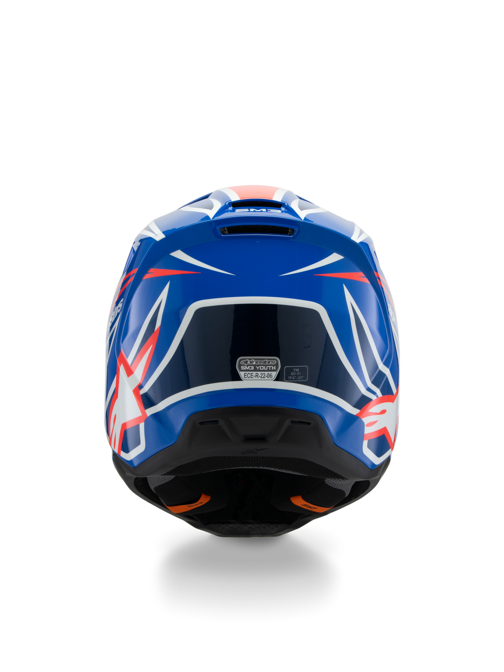Alpinestars S-M3 Youth Wurx hjelm ECE 22.06, motocross-hjelm, blå, rød og hvid, set bagfra med aerodynamisk design og udstødningsventiler, blank finish med skarpe grafiske accenter og sikkerhedscertificeringsmærkat