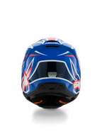Alpinestars S-M3 Youth Wurx hjelm ECE 22.06, motocross-hjelm, blå, rød og hvid, set bagfra med aerodynamisk design og udstødningsventiler, blank finish med skarpe grafiske accenter og sikkerhedscertificeringsmærkat