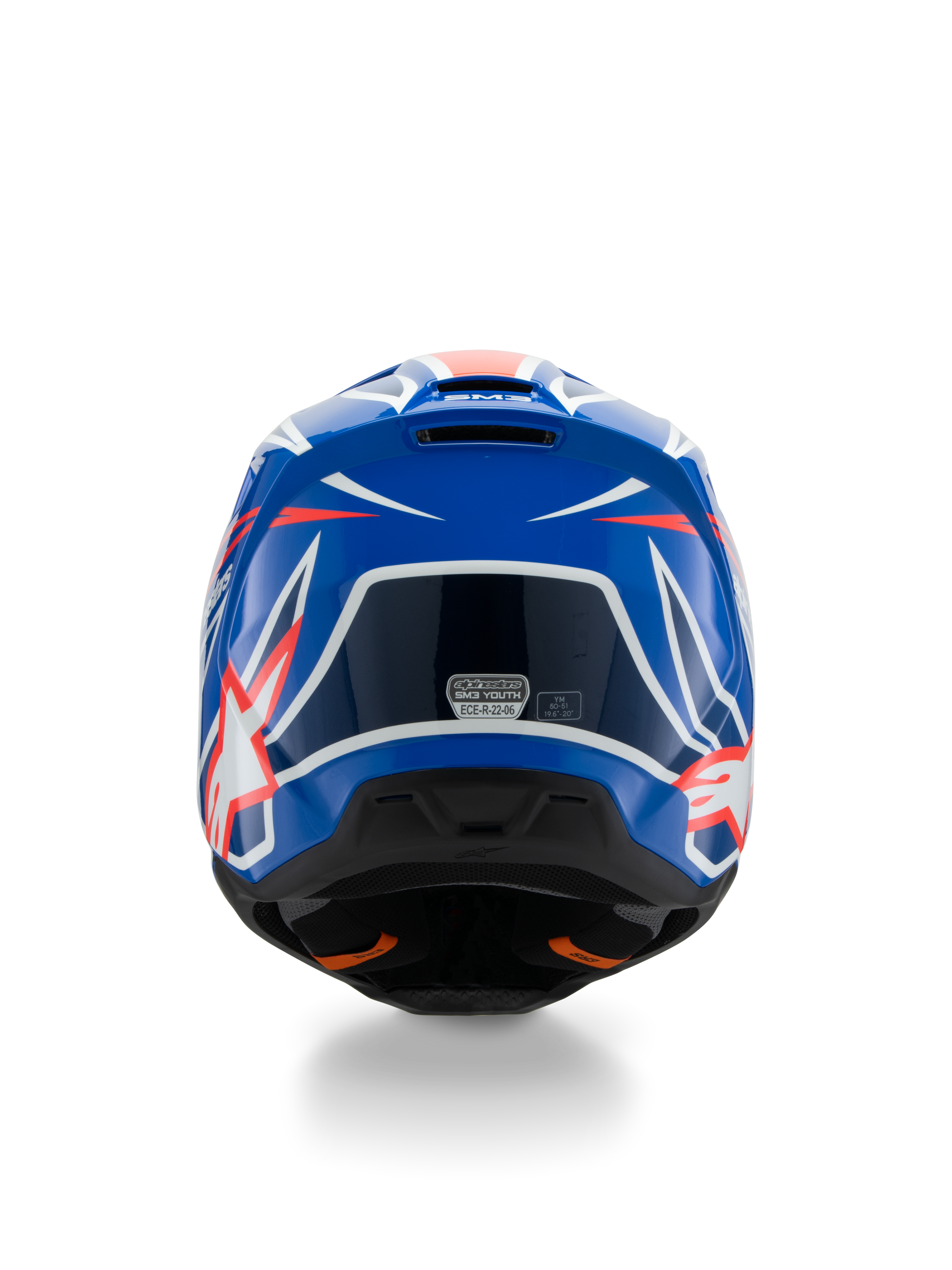 Alpinestars S-M3 Youth Wurx hjelm ECE 22.06, motocross-hjelm, blå, rød og hvid, set bagfra med aerodynamisk design og udstødningsventiler, blank finish med skarpe grafiske accenter og sikkerhedscertificeringsmærkat