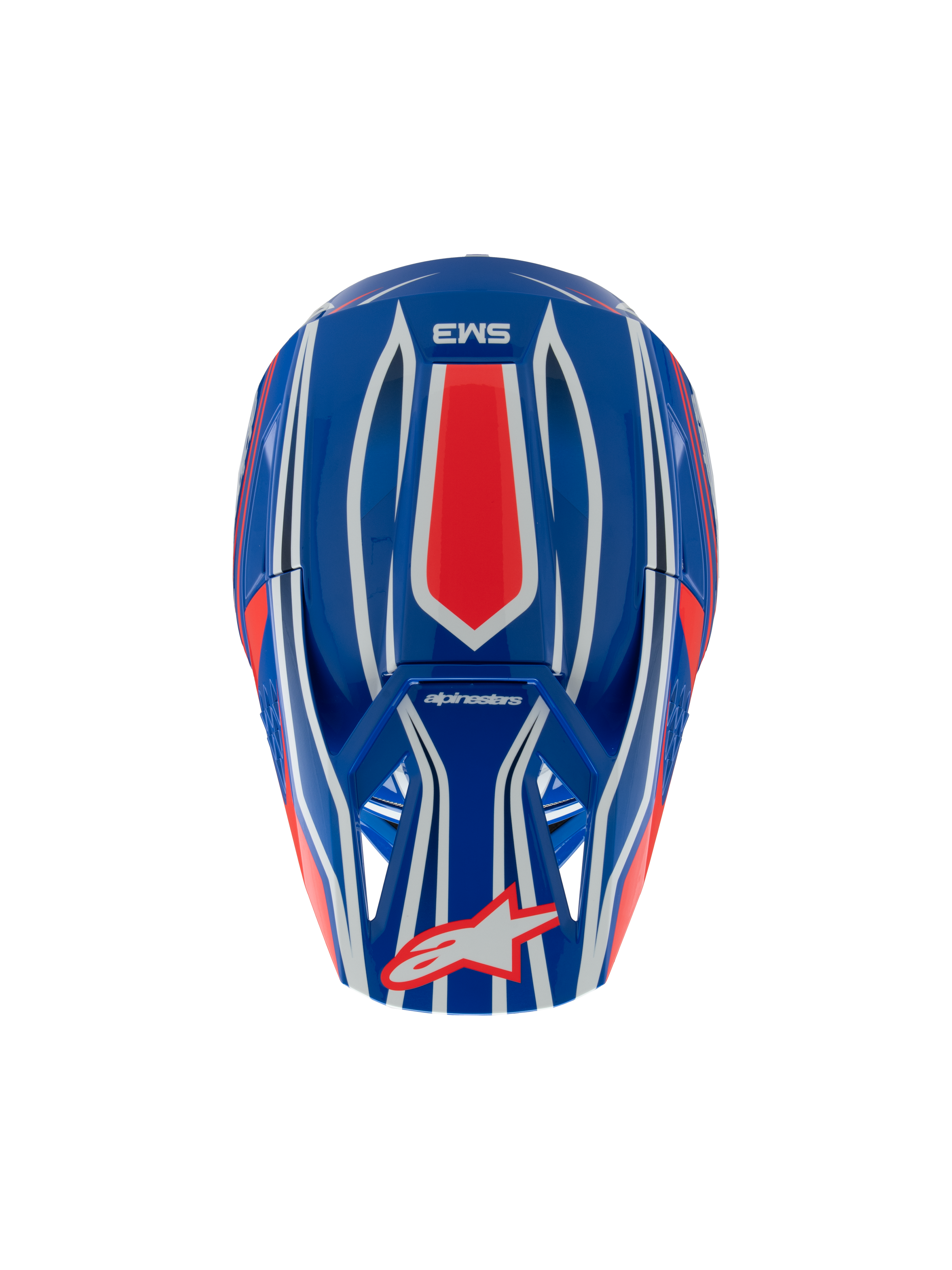Alpinestars S-M3 Youth Wurx-hjelm, motocrosshjelm, blå, rød, hvid og sort blank, set oppefra med røde og hvide grafiske mønstre, Alpinestars-logo på visiret, specialiseret off-road hovedbeskyttelse til unge