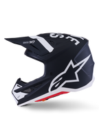 Alpinestars S-M7 Dasher Helmet ECE 22.06, Matte Black and White, side profile featuring large white Alpinestars logo, aerodynamic composite shell with ventilation ports and red base trim, professional motocross head protection
