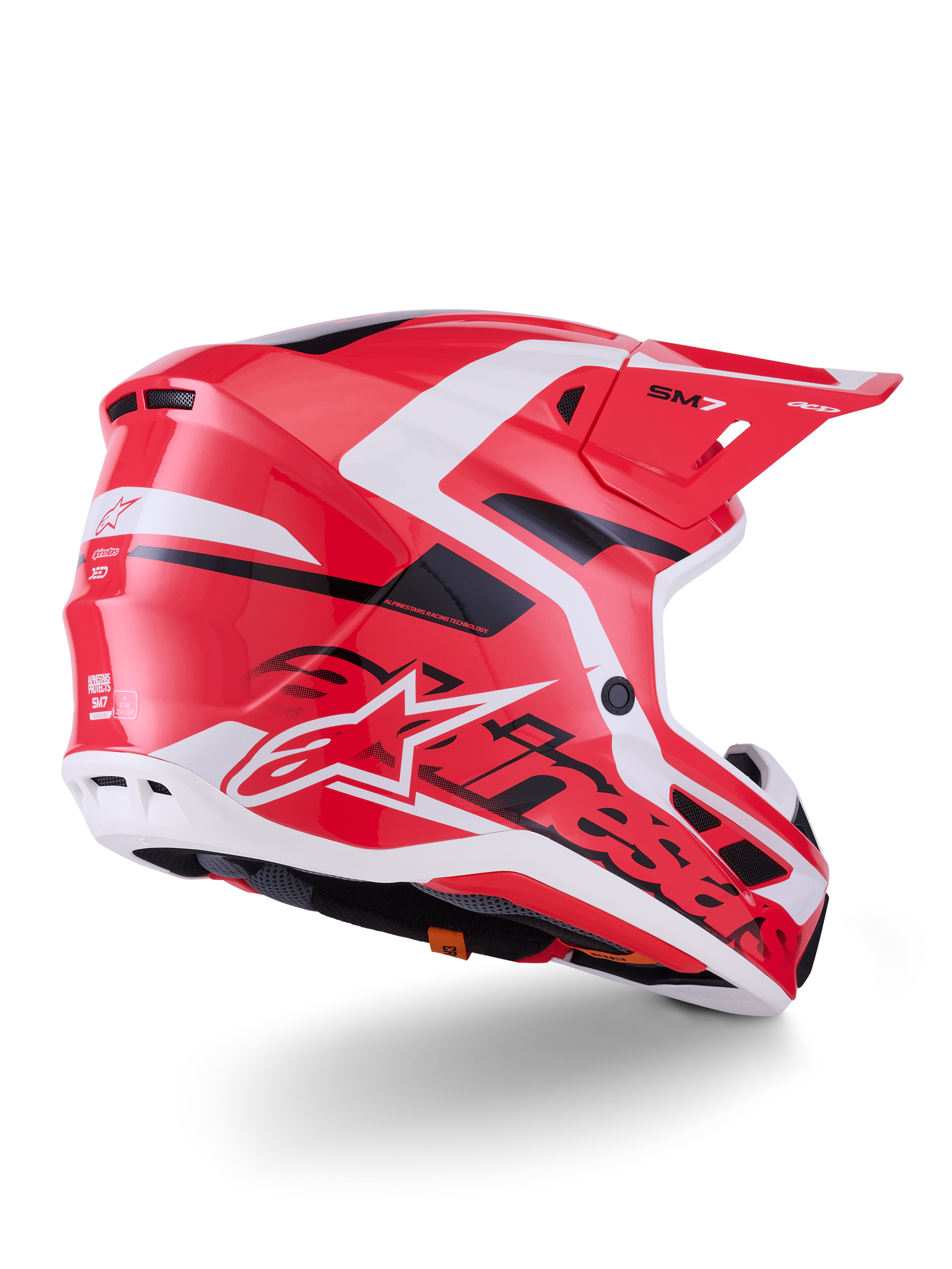 Alpinestars S-M7 Deed Helmet, Motocross Helmet, Red Black and White Glossy, featuring an aerodynamic shell with ventilation ports and bold Alpinestars branding, rear three-quarter view