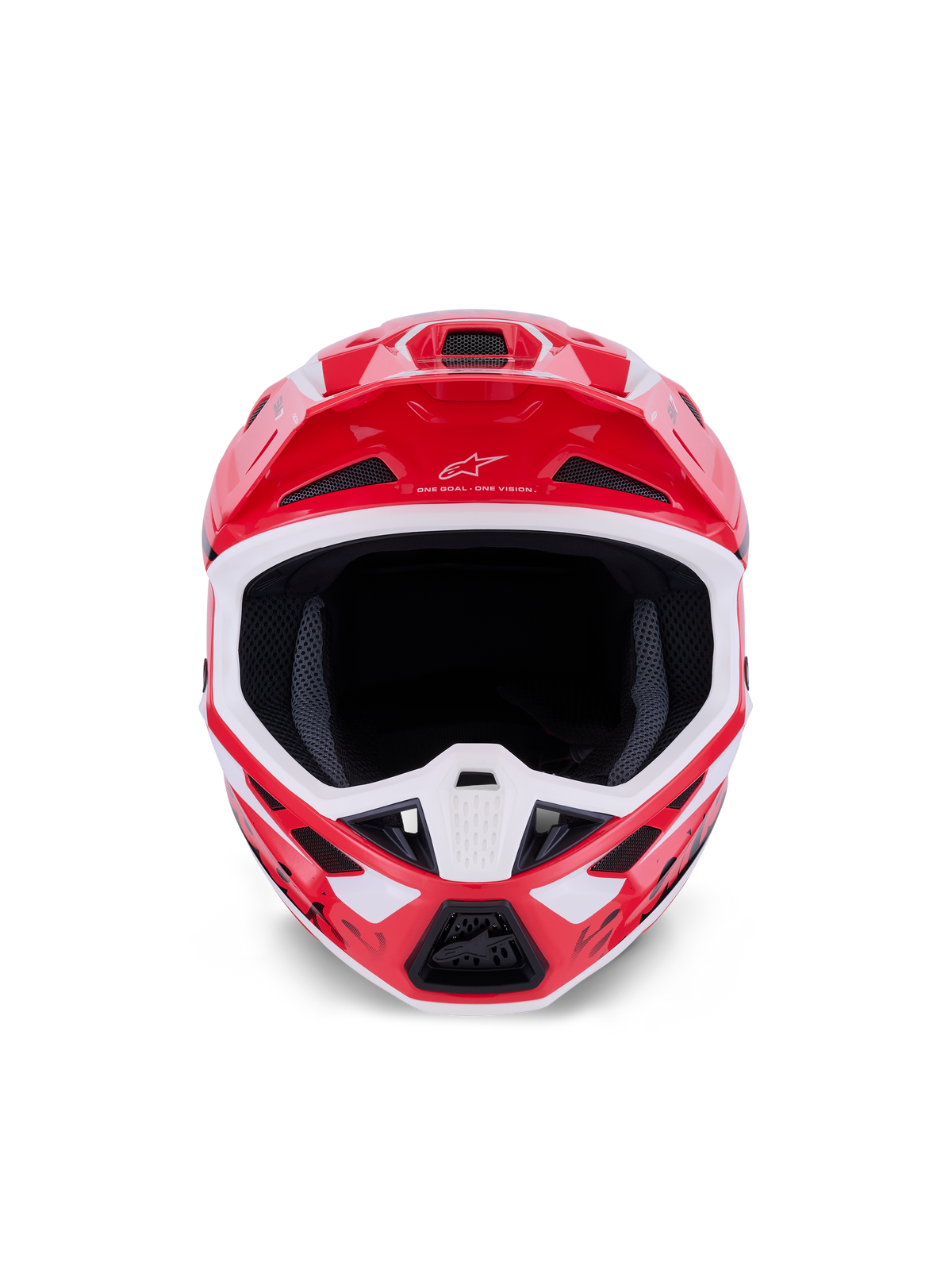 Alpinestars S-M7 Deed hjelm, motocrosshjelm, blank rød, sort og hvid, set forfra med den store åbning og ventilerede hagebeskytter, med Alpinestars-logo og motto på visiret, designet til beskyttelse ved off-road racing