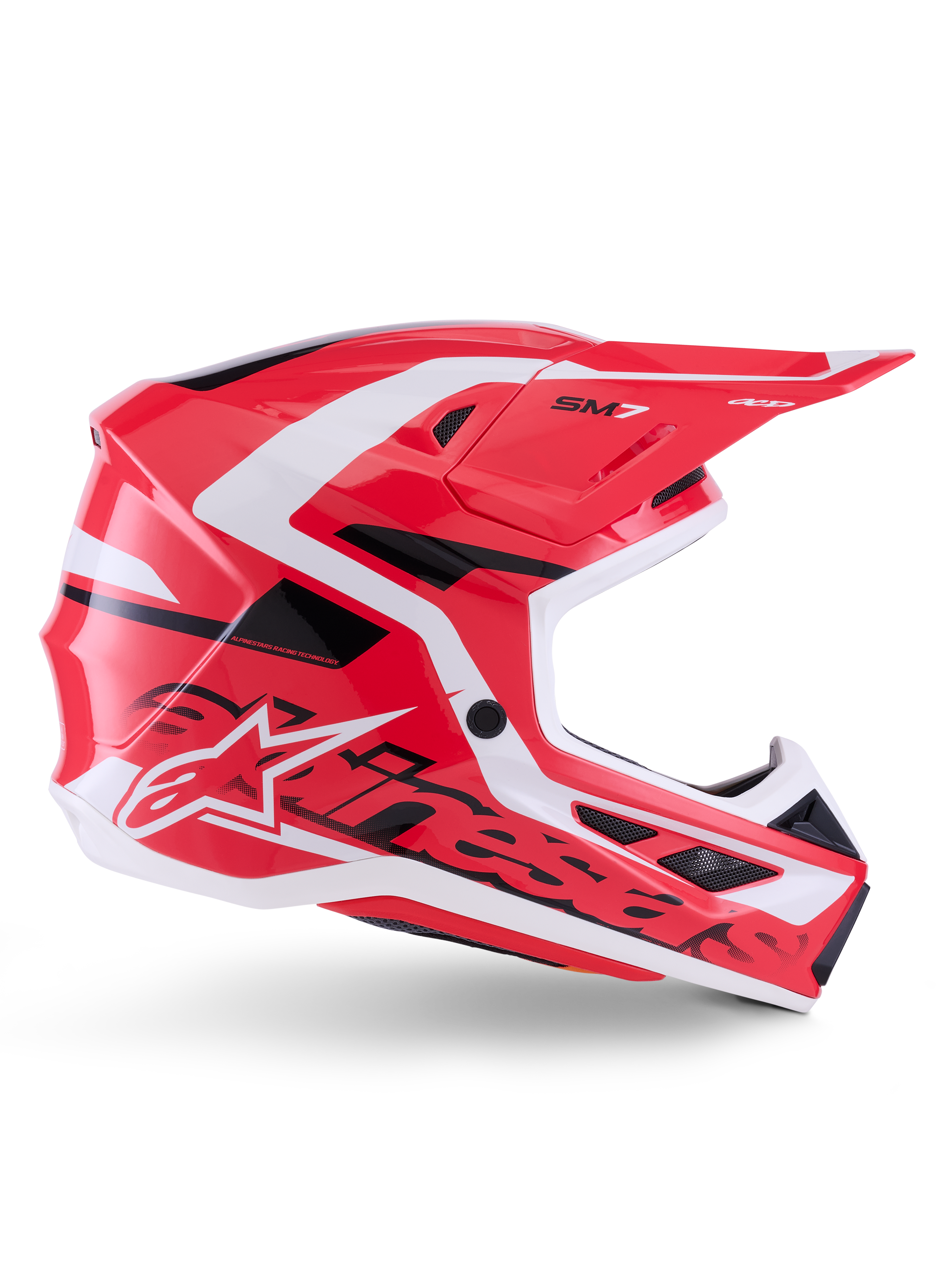 Alpinestars S-M7 Deed hjelm, motocrosshjelm, rød, sort og hvid blank, sideprofil, markant Alpinestars-branding og SM7-logo, aerodynamisk kompositskal med flere ventilationsporte, designet til off-road og motocross-racing