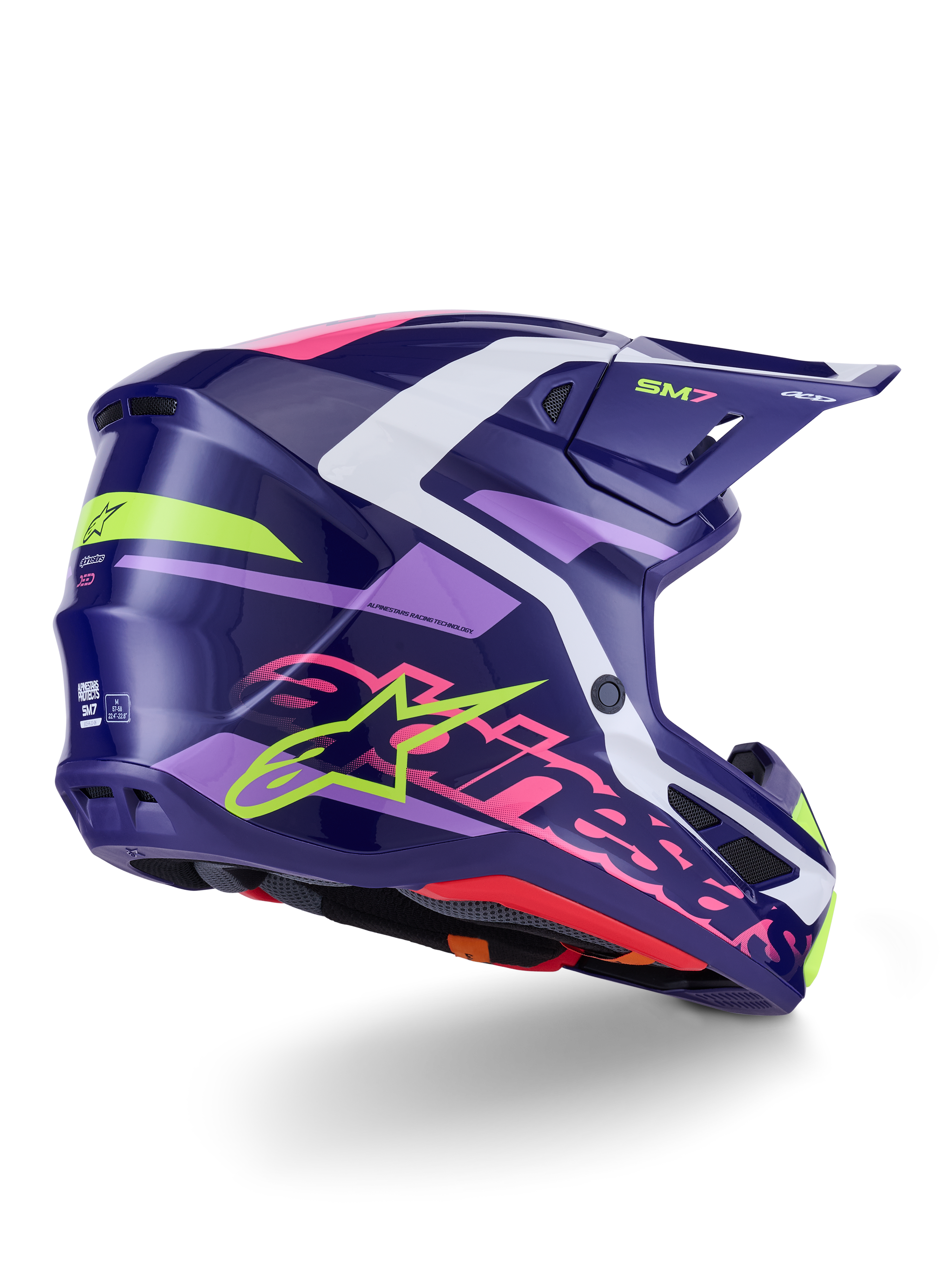 Alpinestars S-M7 Deed hjelm, motocrosshjelm, Purple Pink Glossy, set skråt bagfra med hvide og limegrønne detaljer, markant lyserødt Alpinestars-navnetræk og stjernelogo, aerodynamisk kompositskal-design til off-road præstation