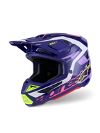 Alpinestars S-M7 Deed hjelm, motocross-hjelm, Purple Pink Glossy, mørkelilla base med neongule, lyserøde og hvide detaljer, aerodynamisk design med integrerede ventilationsporte og et markant visir, højtydende hovedbeskyttelse til terrænkørsel