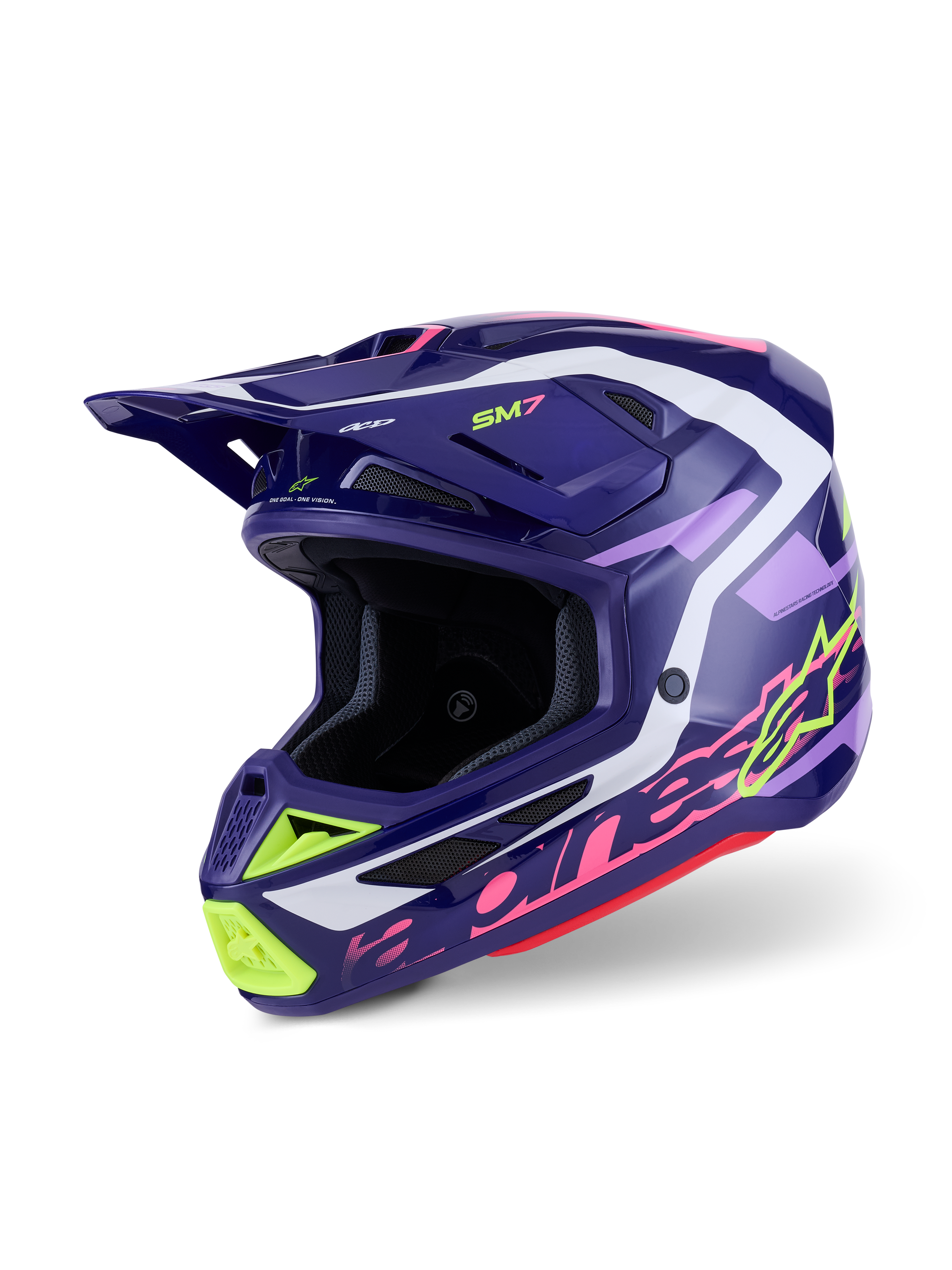 Alpinestars S-M7 Deed hjelm, motocross-hjelm, Purple Pink Glossy, mørkelilla base med neongule, lyserøde og hvide detaljer, aerodynamisk design med integrerede ventilationsporte og et markant visir, højtydende hovedbeskyttelse til terrænkørsel