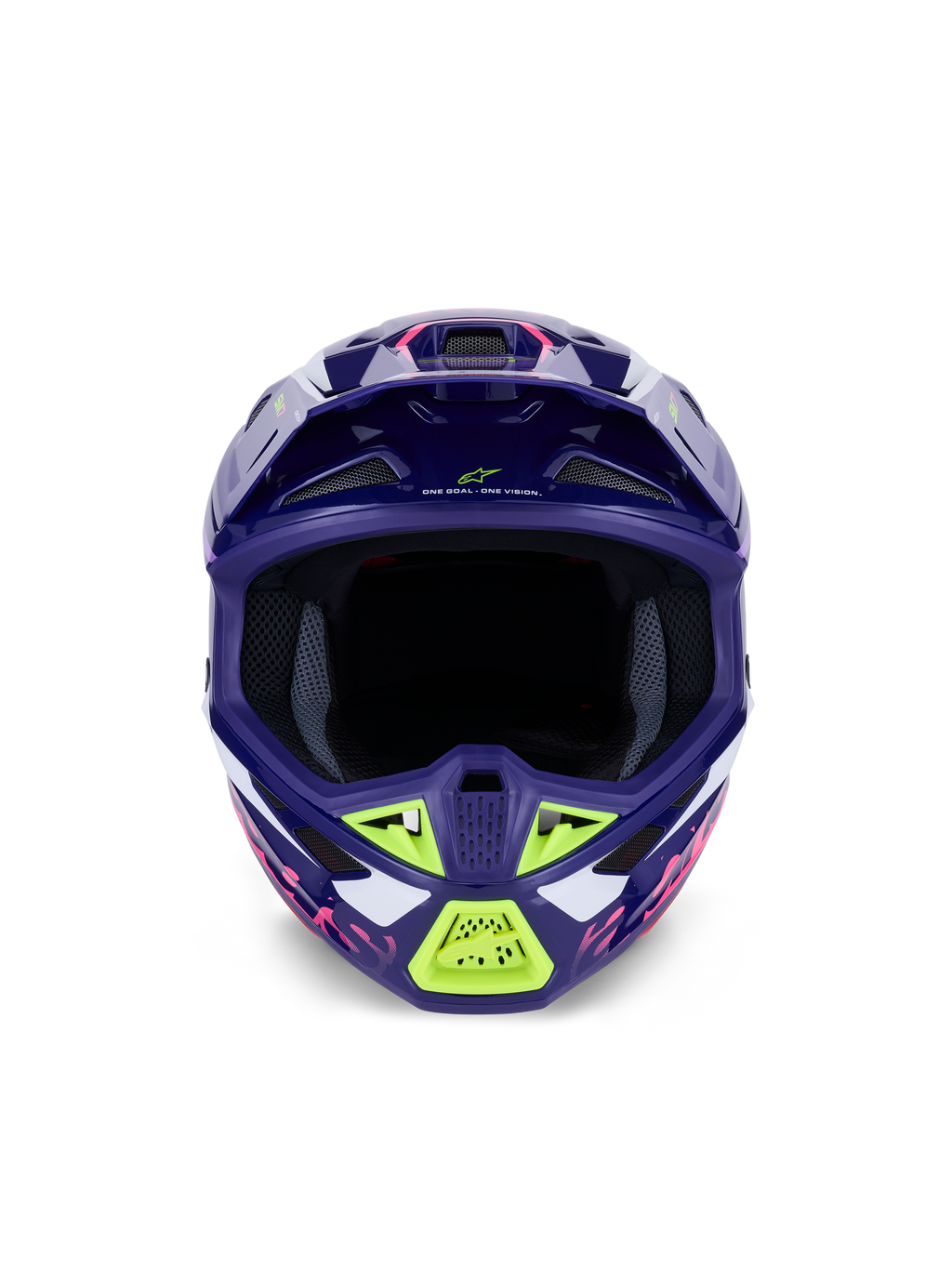 Alpinestars S-M7 Deed hjelm ECE 22.06, motocross-hjelm, blank lilla og lyserød med limegrønne og hvide detaljer, set forfra med den brede åbning til briller og ventilationssystemet, aerodynamisk komposit-skaldesign til off-road racing.