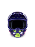 Alpinestars S-M7 Deed hjelm ECE 22.06, motocross-hjelm, blank lilla og lyserød med limegrønne og hvide detaljer, set forfra med den brede åbning til briller og ventilationssystemet, aerodynamisk komposit-skaldesign til off-road racing.