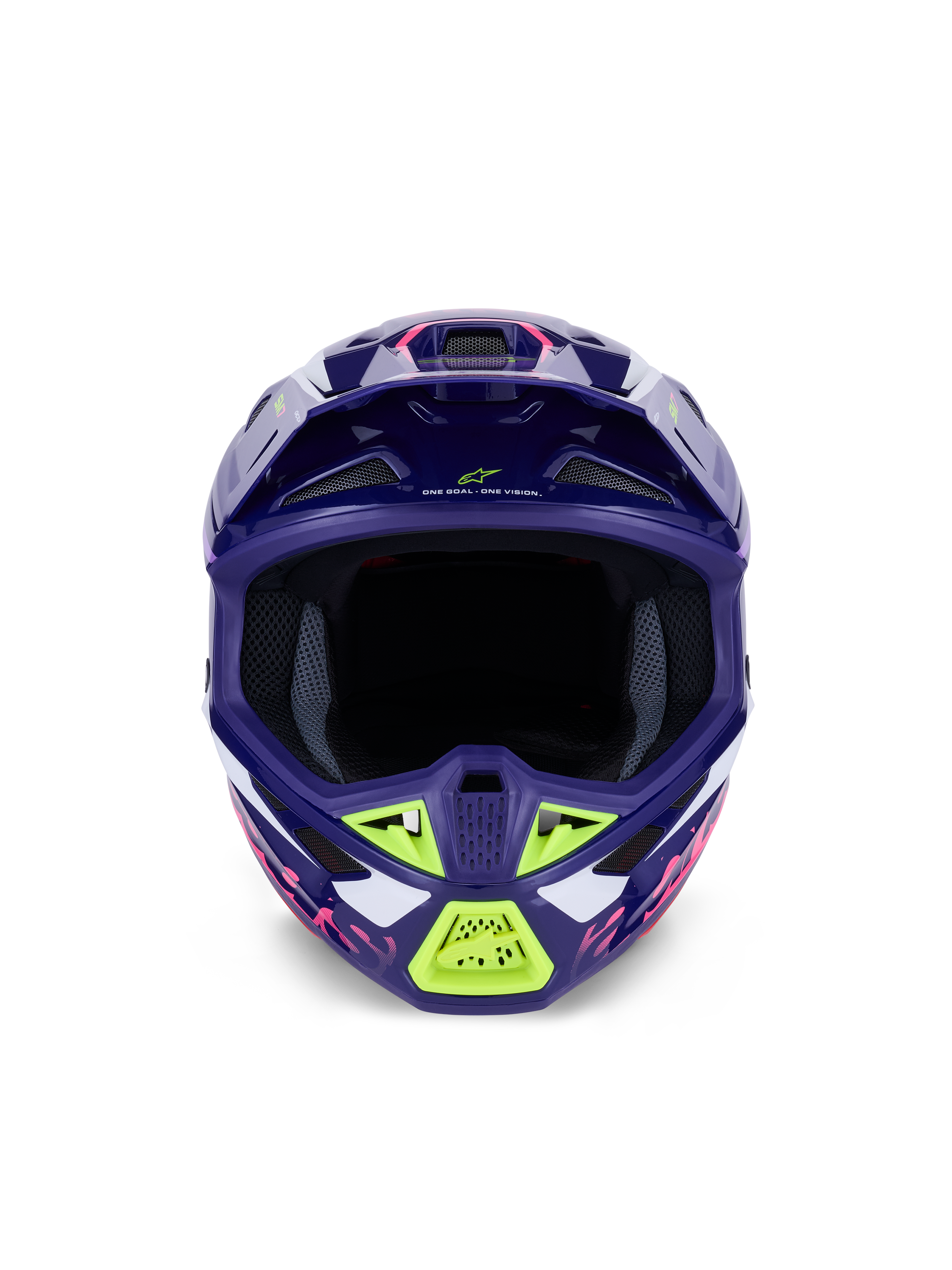 Alpinestars S-M7 Deed hjelm ECE 22.06, motocross-hjelm, blank lilla og lyserød med limegrønne og hvide detaljer, set forfra med den brede åbning til briller og ventilationssystemet, aerodynamisk komposit-skaldesign til off-road racing.
