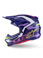 Alpinestars S-M7 Deed motocrosshjelm, Purple Pink Glossy, set fra siden, markant limegrøn og pink Alpinestars-branding, aerodynamisk skal med hvide og lyselilla detaljer, blank finish, designet til off-road racing