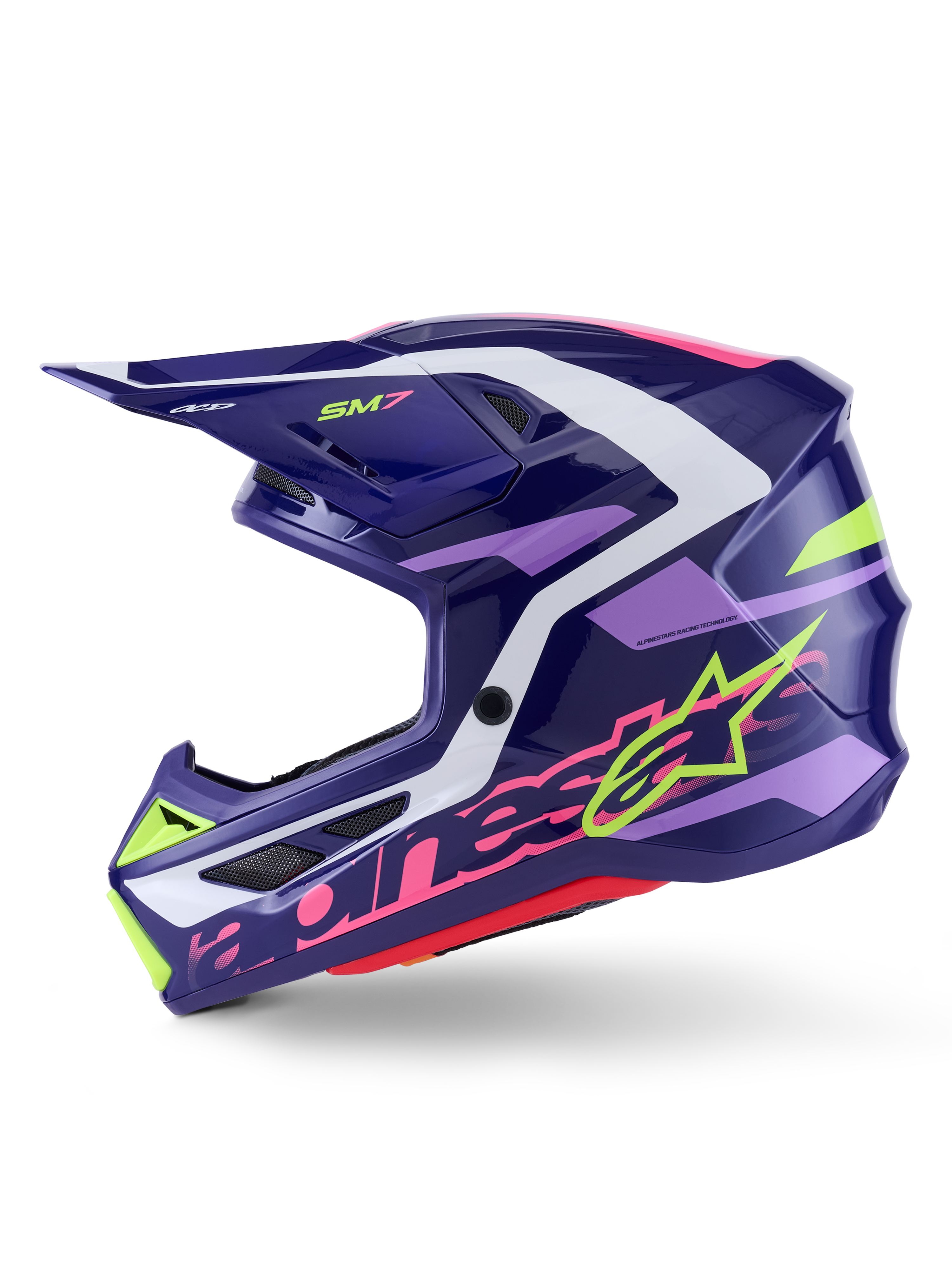 Alpinestars S-M7 Deed motocrosshjelm, Purple Pink Glossy, set fra siden, markant limegrøn og pink Alpinestars-branding, aerodynamisk skal med hvide og lyselilla detaljer, blank finish, designet til off-road racing