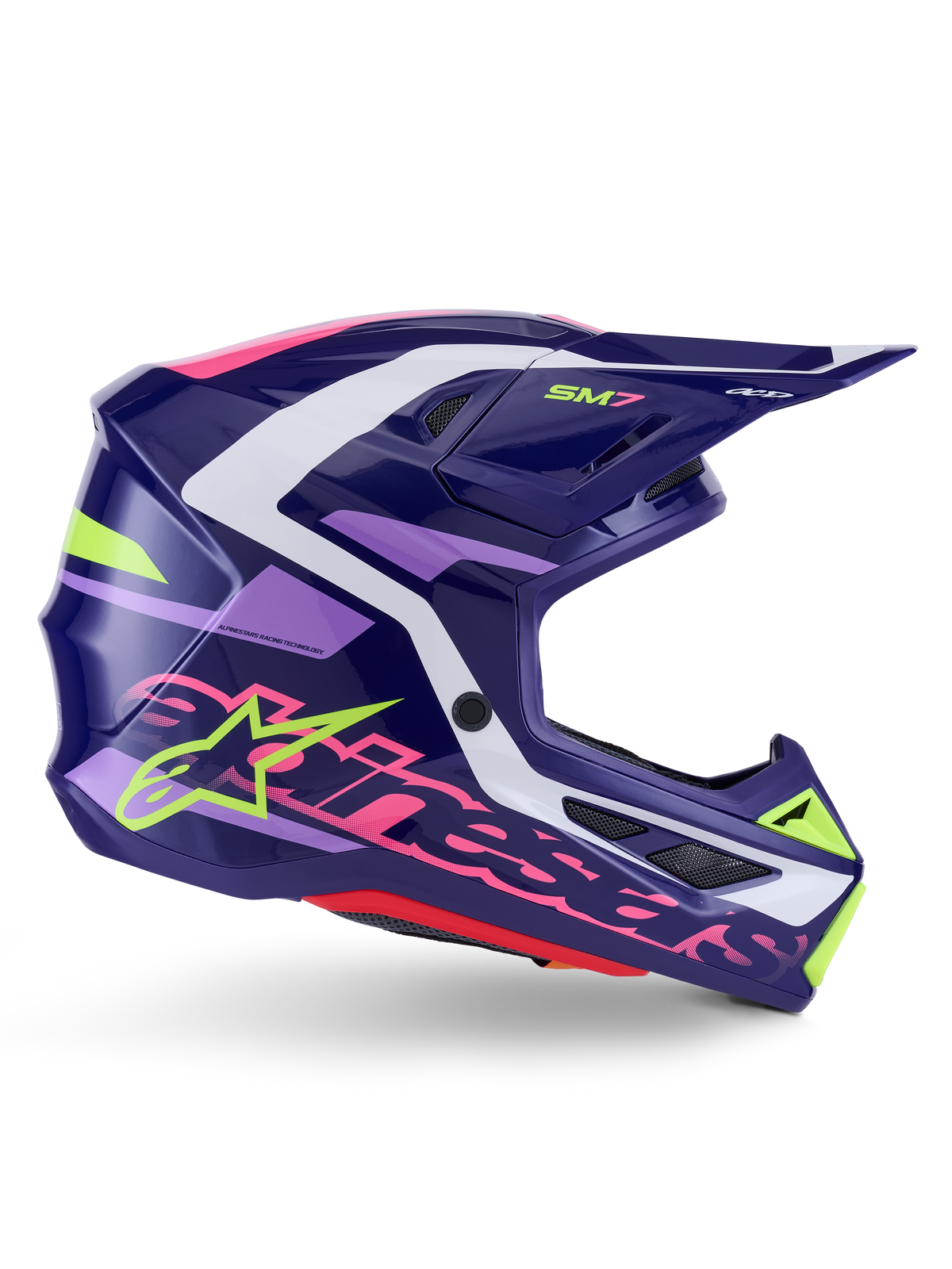 Alpinestars S-M7 Deed hjelm, motocross-hjelm, lilla og lyserød blank, sideprofil, med hvide og limegrønne grafikaccenter, SM7-branding og markant Alpinestars-logo, aerodynamisk kompositskal-design til off-road racing