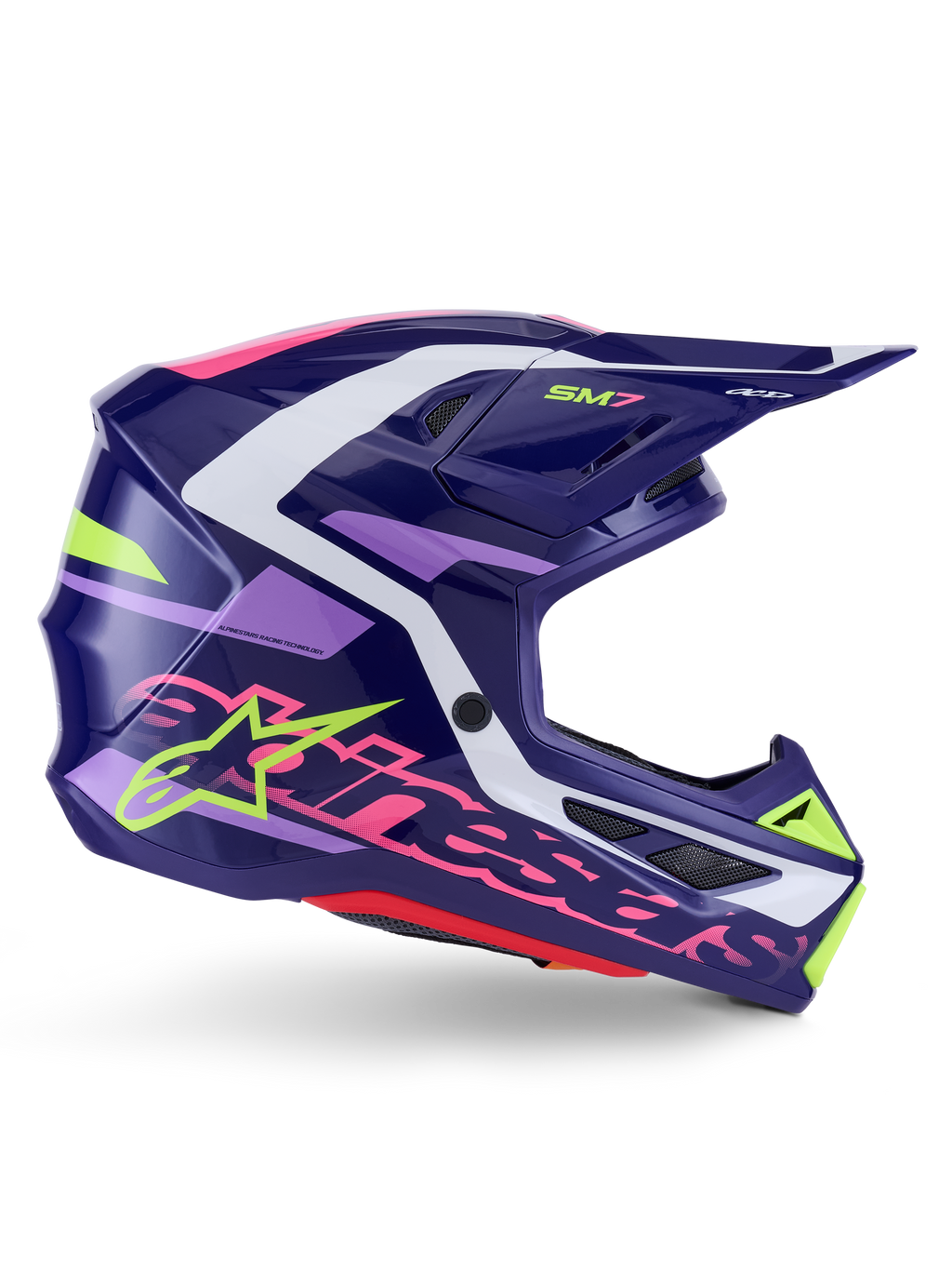 Alpinestars S-M7 Deed hjelm, motocross-hjelm, lilla og lyserød blank, sideprofil, med hvide og limegrønne grafikaccenter, SM7-branding og markant Alpinestars-logo, aerodynamisk kompositskal-design til off-road racing