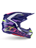 Alpinestars S-M7 Deed hjelm, motocross-hjelm, lilla og lyserød blank, sideprofil, med hvide og limegrønne grafikaccenter, SM7-branding og markant Alpinestars-logo, aerodynamisk kompositskal-design til off-road racing