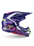 Alpinestars S-M7 Deed hjelm, motocross-hjelm, lilla og lyserød blank, sideprofil, med hvide og limegrønne grafikaccenter, SM7-branding og markant Alpinestars-logo, aerodynamisk kompositskal-design til off-road racing