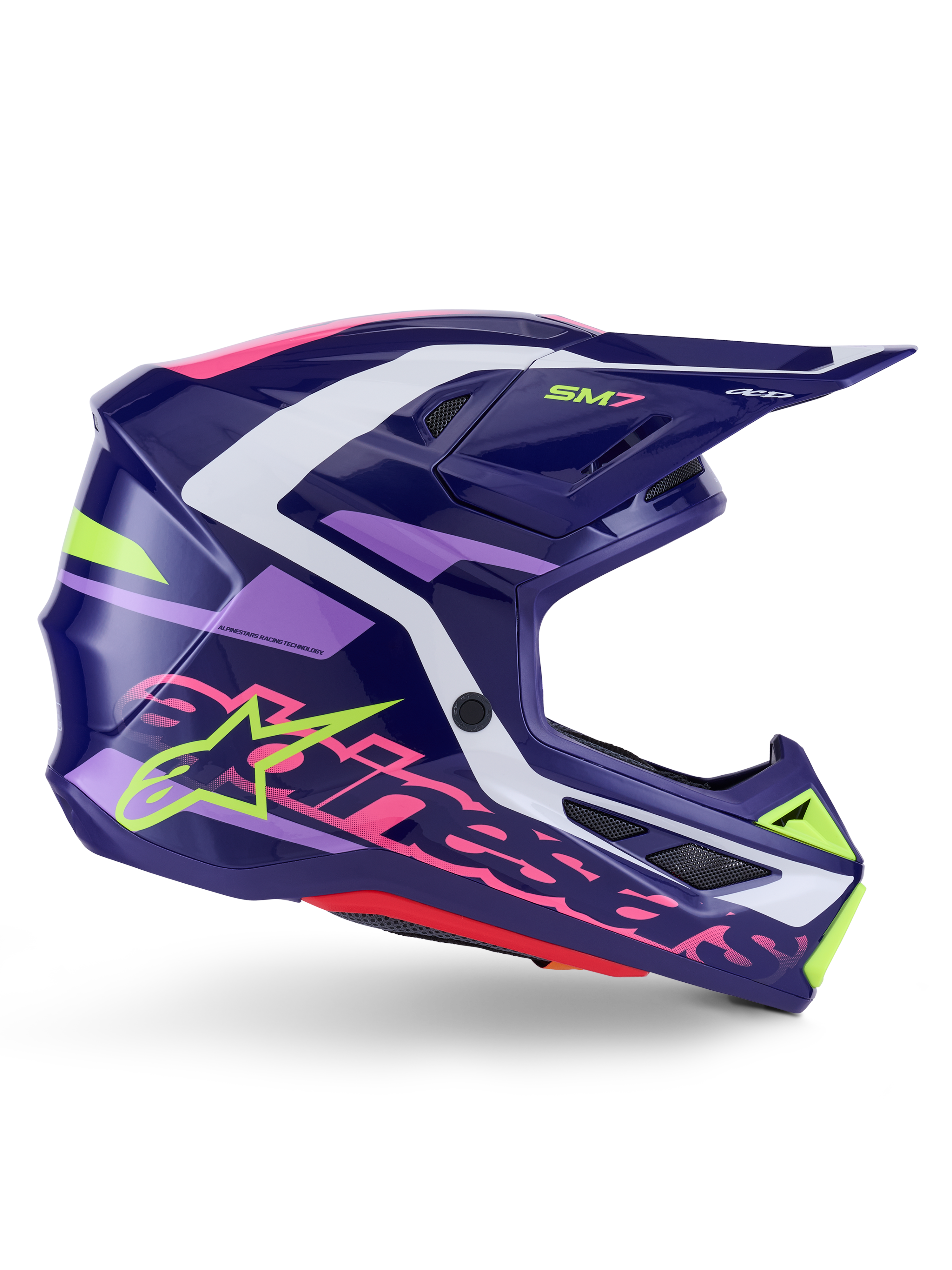 Alpinestars S-M7 Deed hjelm, motocross-hjelm, lilla og lyserød blank, sideprofil, med hvide og limegrønne grafikaccenter, SM7-branding og markant Alpinestars-logo, aerodynamisk kompositskal-design til off-road racing