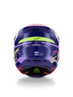 Alpinestars S-M7 Deed Hjelm ECE 22.06, motocrosshjelm, set bagfra i Purple Pink Glossy, med neongul og lyserød grafik, aerodynamisk kompositskal med SM7-branding og certificeringsmærkater, højtydende racingudstyr til terrænkørsel