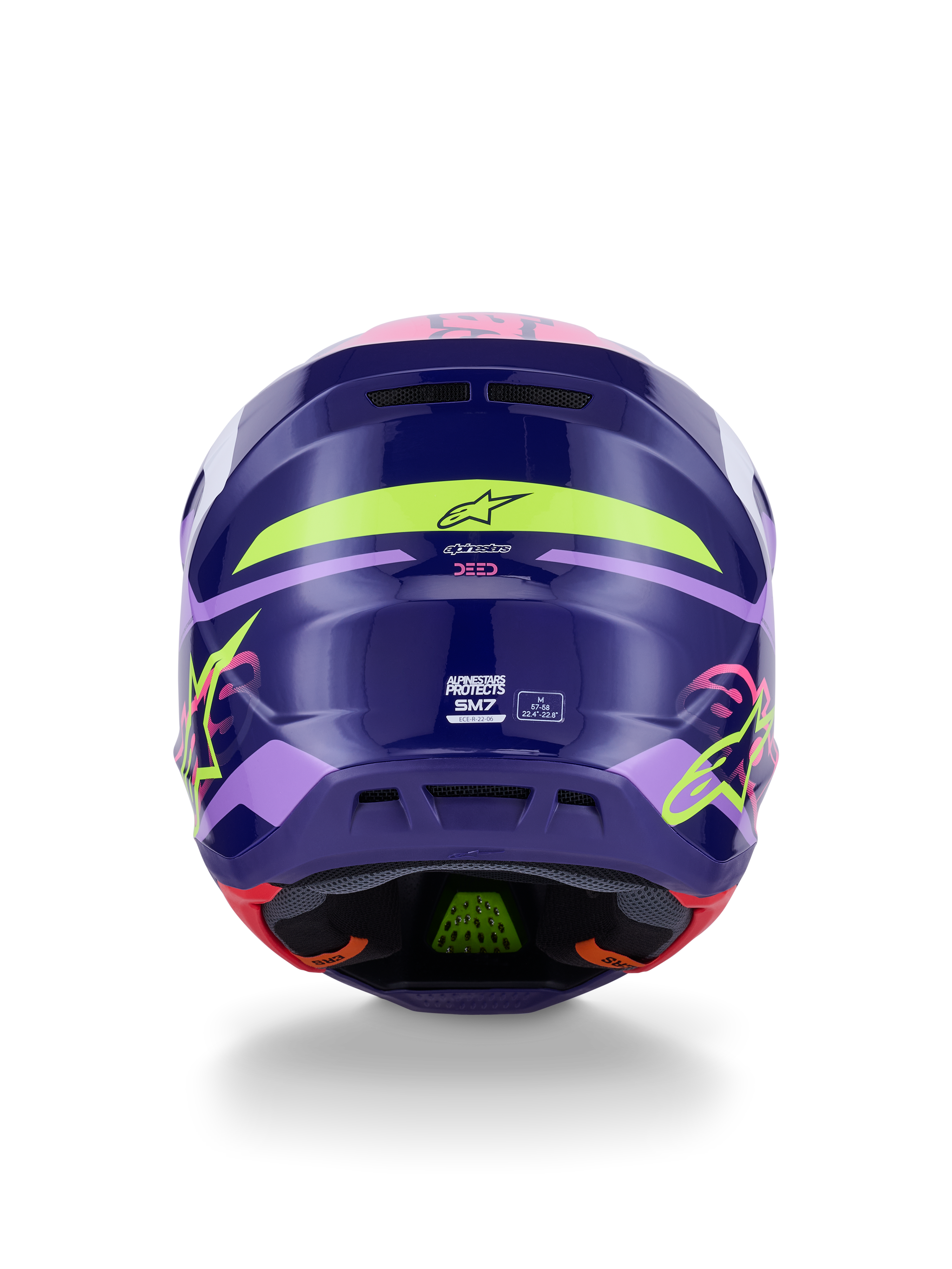 Alpinestars S-M7 Deed Hjelm ECE 22.06, motocrosshjelm, set bagfra i Purple Pink Glossy, med neongul og lyserød grafik, aerodynamisk kompositskal med SM7-branding og certificeringsmærkater, højtydende racingudstyr til terrænkørsel