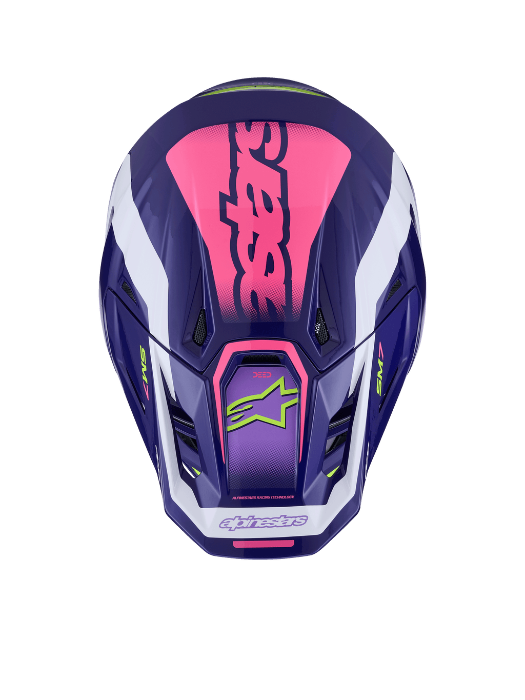 Alpinestars S-M7 Deed hjelm, set fra toppen, lilla og lyserød blank, markant lyserød branding på toppen, hvide accenter, limegrønne logoer, ventilationsåbninger, blank finish, højtydende motocross-beskyttelse