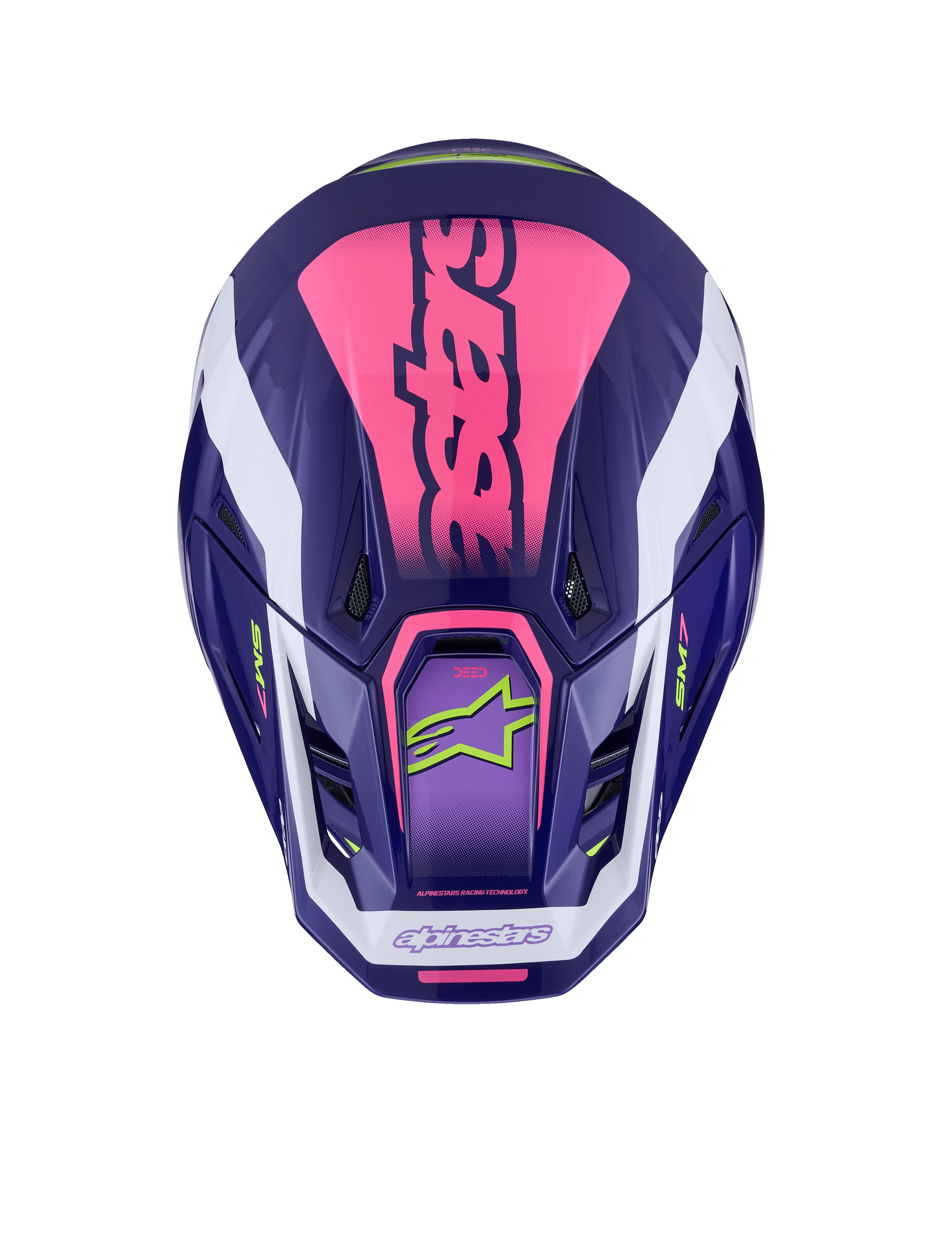 Alpinestars S-M7 Deed hjelm, set fra toppen, lilla og lyserød blank, markant lyserød branding på toppen, hvide accenter, limegrønne logoer, ventilationsåbninger, blank finish, højtydende motocross-beskyttelse