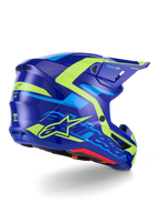 Alpinestars S-M7 Deed hjelm ECE 22.06, motocrosshjelm, blå gul fluo glossy, side-bagfra visning med en slank aerodynamisk skalprofil, tydelig Alpinestars-branding med klare neongule detaljer, højtydende ventilationsporte og en blank finish til off-road racing