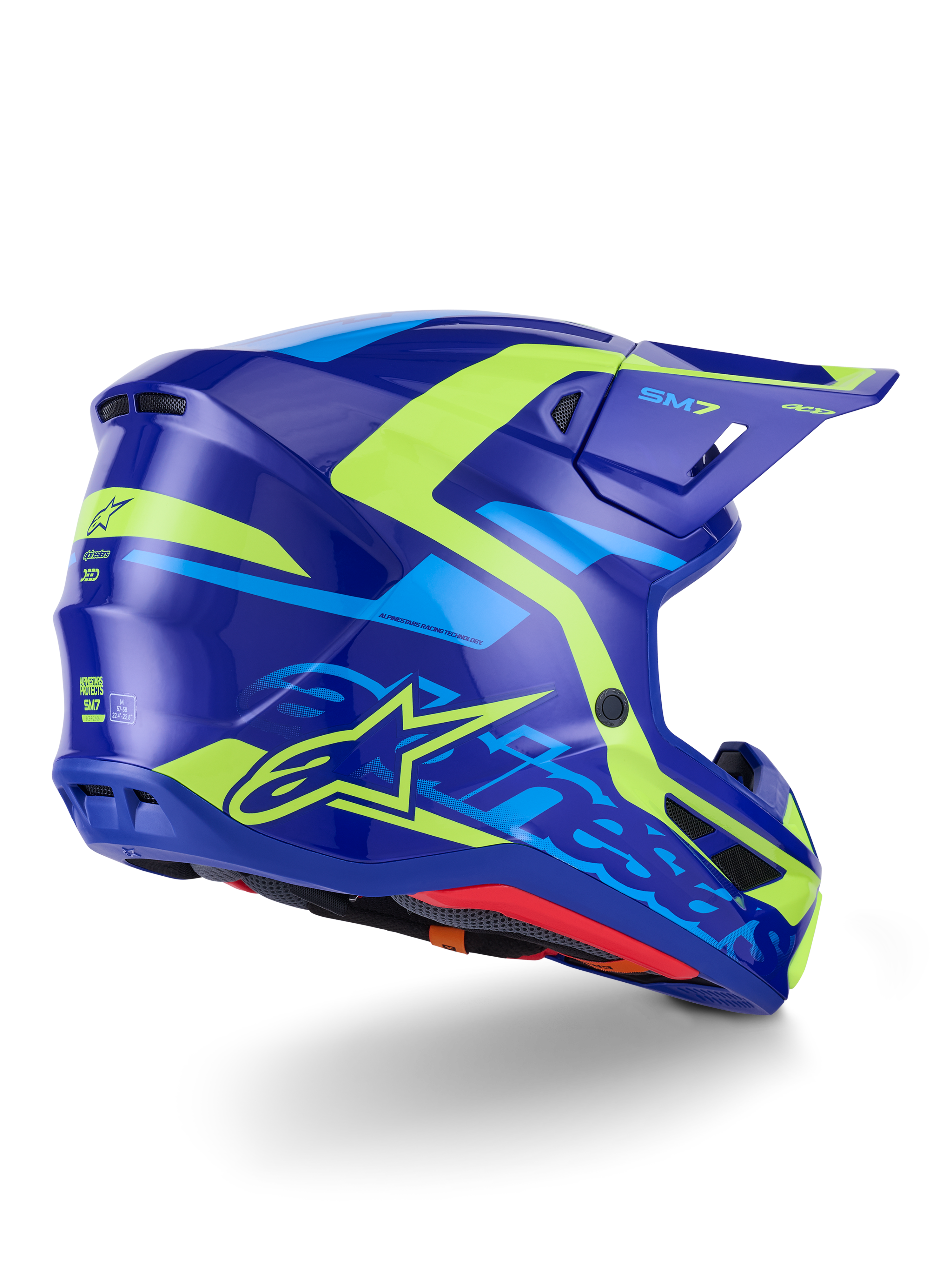 Alpinestars S-M7 Deed hjelm ECE 22.06, motocrosshjelm, blå gul fluo glossy, side-bagfra visning med en slank aerodynamisk skalprofil, tydelig Alpinestars-branding med klare neongule detaljer, højtydende ventilationsporte og en blank finish til off-road racing