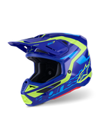 Alpinestars S-M7 Deed hjelm, motocross-hjelm, blå og fluorescerende gul blank, aerodynamisk design med flere luftindtag, med markant Alpinestars-branding og SM7-logo, professionel beskyttelse til off-road racing