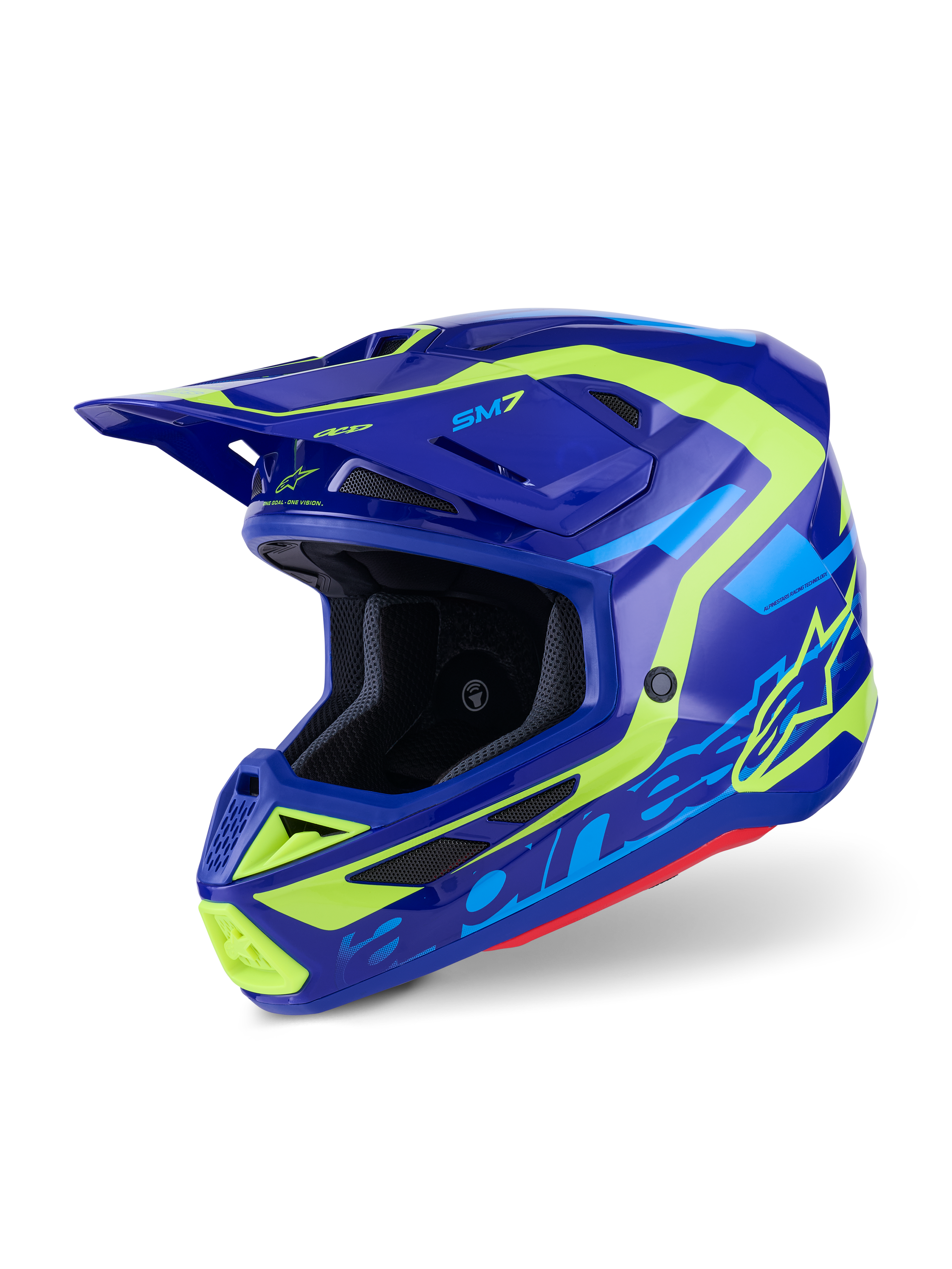 Alpinestars S-M7 Deed hjelm, motocross-hjelm, blå og fluorescerende gul blank, aerodynamisk design med flere luftindtag, med markant Alpinestars-branding og SM7-logo, professionel beskyttelse til off-road racing
