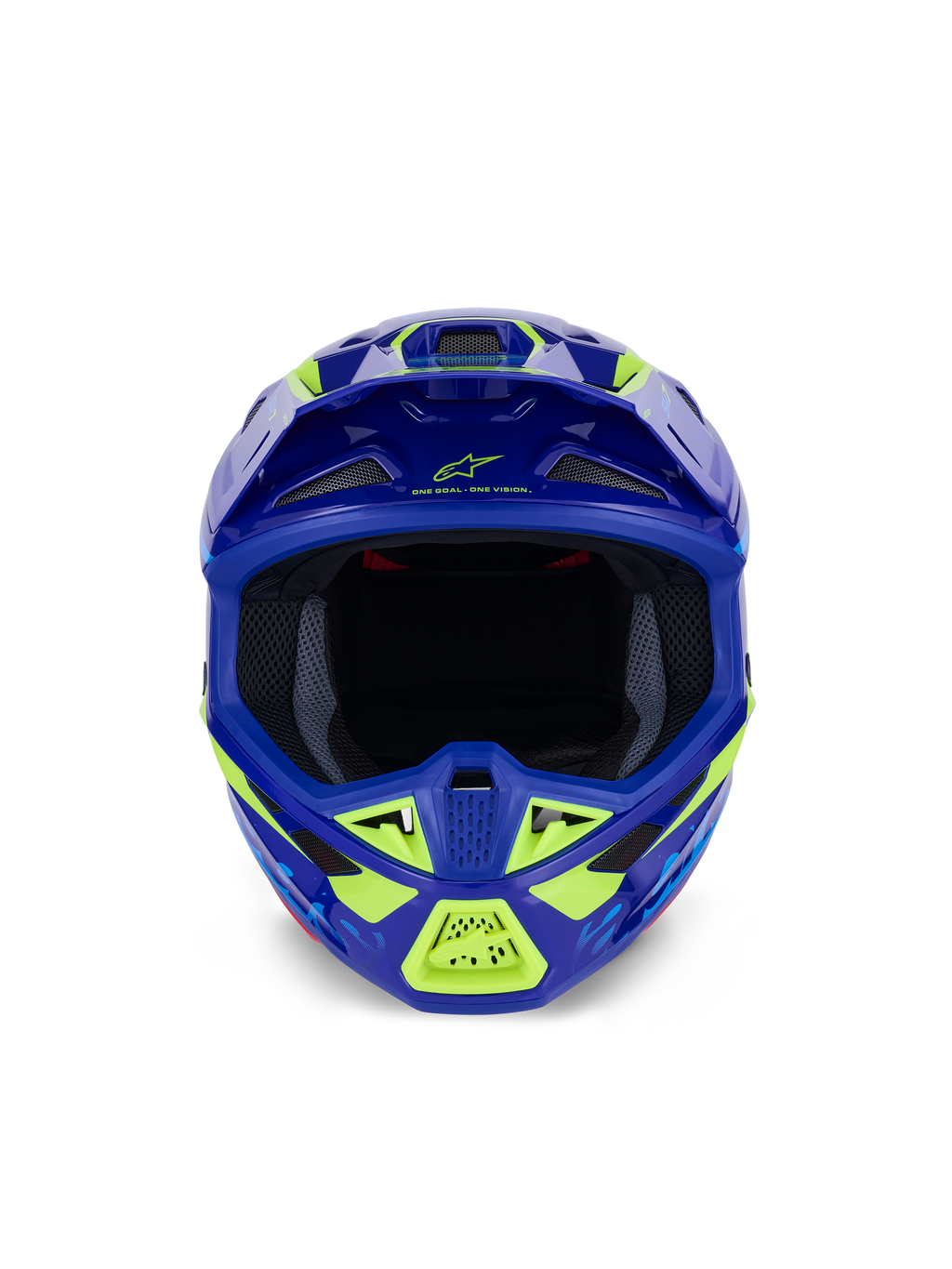 Alpinestars S-M7 Deed hjelm, motocross-hjelm, blå og neongul blank, set forfra med fokus på den brede brilleåbning og de mange mesh-dækkede luftindtag, aerodynamisk skal med neongule detaljer og Alpinestars-branding, professionel hovedbeskyttelse til off-road racing