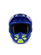 Alpinestars S-M7 Deed hjelm, motocross-hjelm, blå og neongul blank, set forfra med fokus på den brede brilleåbning og de mange mesh-dækkede luftindtag, aerodynamisk skal med neongule detaljer og Alpinestars-branding, professionel hovedbeskyttelse til off-road racing