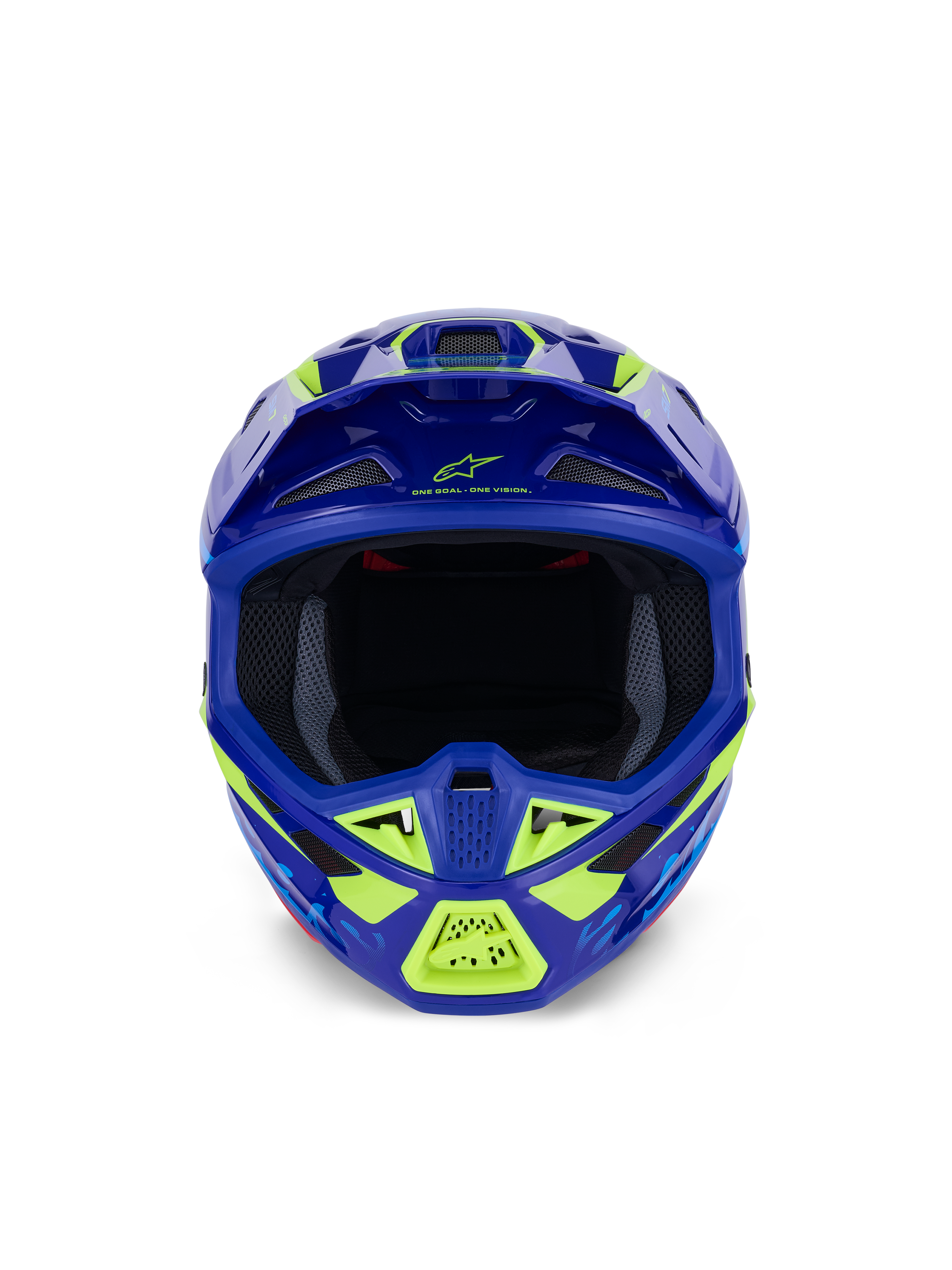 Alpinestars S-M7 Deed hjelm, motocross-hjelm, blå og neongul blank, set forfra med fokus på den brede brilleåbning og de mange mesh-dækkede luftindtag, aerodynamisk skal med neongule detaljer og Alpinestars-branding, professionel hovedbeskyttelse til off-road racing