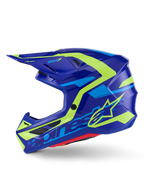 Alpinestars S-M7 Deed hjelm, motocrosshjelm, blå og fluorescerende gul blank, set fra siden, strømlinet aerodynamisk kompositskal med livlig gul og lyseblå grafik, med netdækkede ventilationsåbninger og visir til off-road-performance