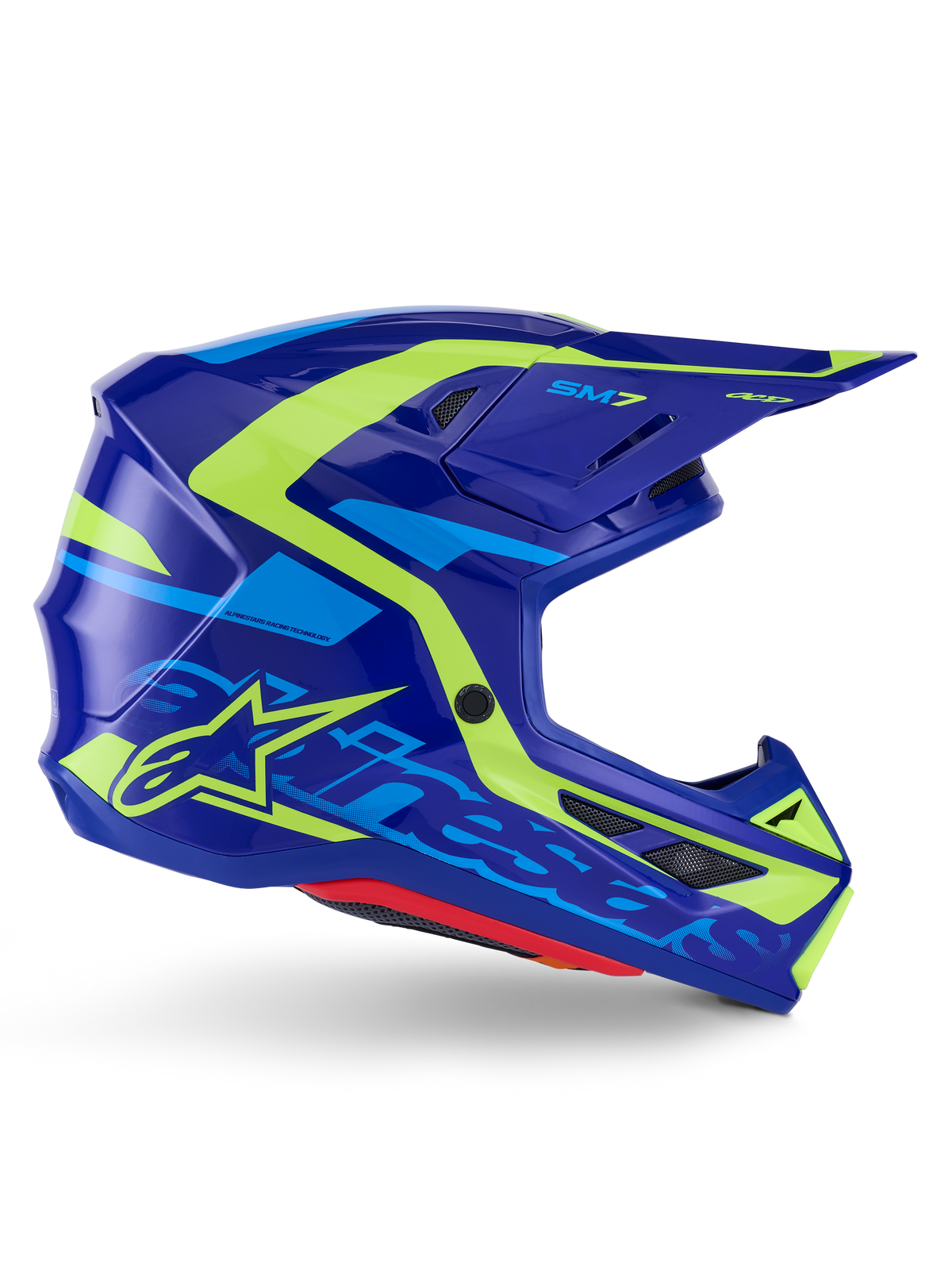 Alpinestars S-M7 Deed hjelm ECE 22.06, motocross-hjelm, blå og fluorescerende gul blank, profilvisning fra siden med en aerodynamisk skal med tydelig Alpinestars-branding, klare gule og lyseblå grafiske detaljer, flere ventilationsporte og integreret visirdesign til elite off-road racing