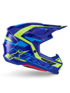 Alpinestars S-M7 Deed hjelm ECE 22.06, motocross-hjelm, blå og fluorescerende gul blank, profilvisning fra siden med en aerodynamisk skal med tydelig Alpinestars-branding, klare gule og lyseblå grafiske detaljer, flere ventilationsporte og integreret visirdesign til elite off-road racing