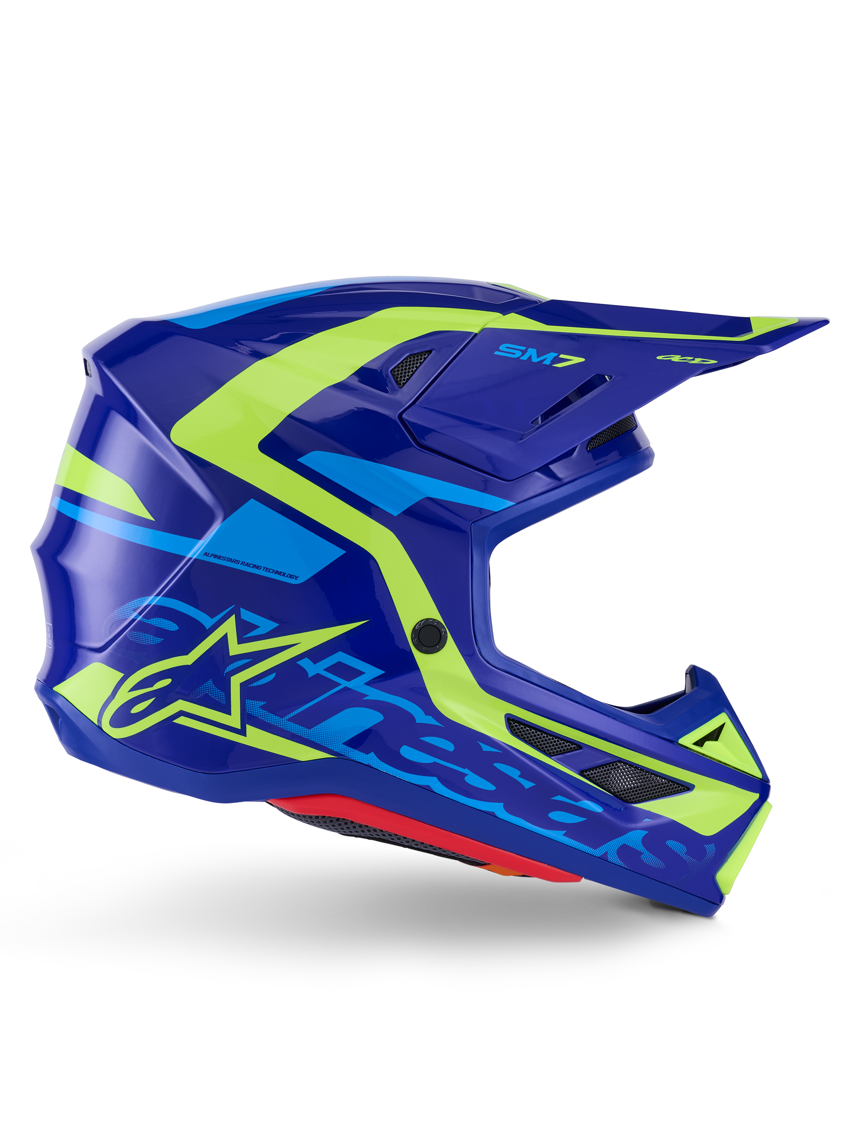 Alpinestars S-M7 Deed hjelm ECE 22.06, motocross-hjelm, blå og fluorescerende gul blank, profilvisning fra siden med en aerodynamisk skal med tydelig Alpinestars-branding, klare gule og lyseblå grafiske detaljer, flere ventilationsporte og integreret visirdesign til elite off-road racing